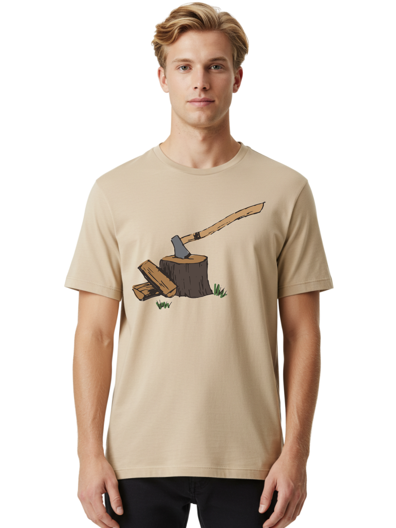 Axe-In-Stump Men'S Graphic Tee, 100% Cotton, Comfortable Casual Summer Wear, Machine Washable, Axe Stuck In Tree Stump, Chopped Wood, Outdoor Activity, Lumberjack Work, Forest Scenery, Wooden Handle, Grassy Surroundings - Aaa750 22