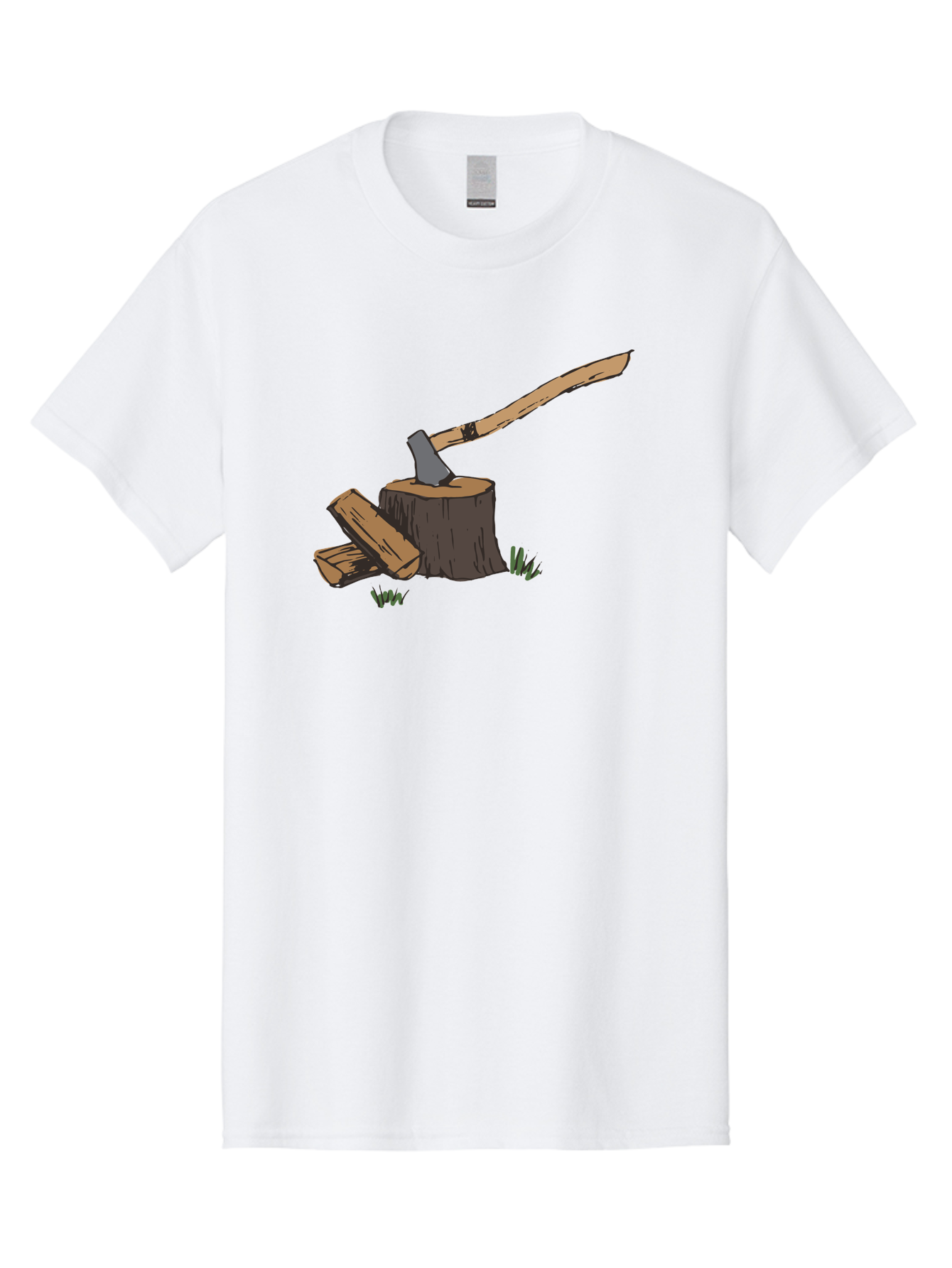 Axe-In-Stump Men'S Graphic Tee, 100% Cotton, Comfortable Casual Summer Wear, Machine Washable, Axe Stuck In Tree Stump, Chopped Wood, Outdoor Activity, Lumberjack Work, Forest Scenery, Wooden Handle, Grassy Surroundings - Aaa750 25