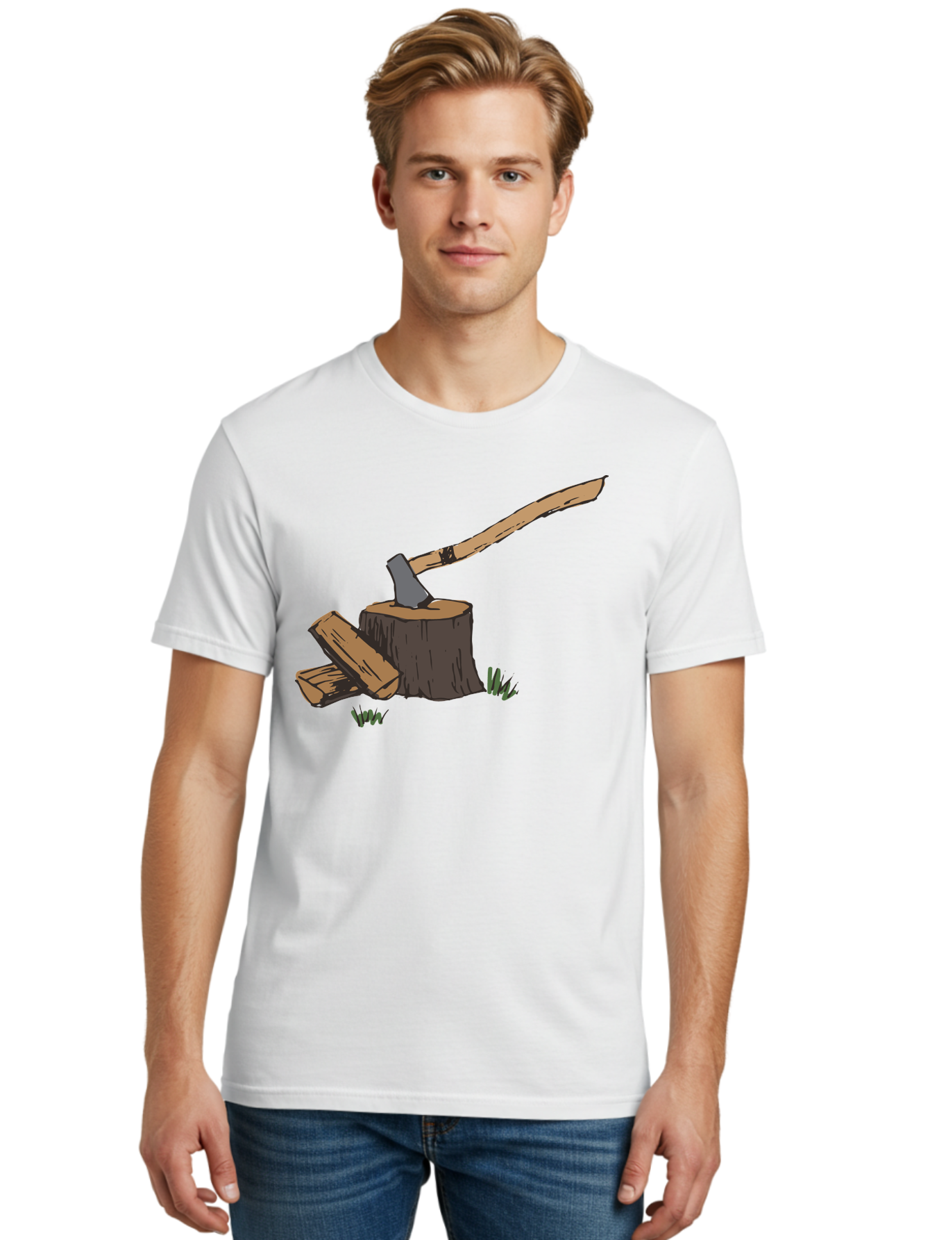 Axe-In-Stump Men'S Graphic Tee, 100% Cotton, Comfortable Casual Summer Wear, Machine Washable, Axe Stuck In Tree Stump, Chopped Wood, Outdoor Activity, Lumberjack Work, Forest Scenery, Wooden Handle, Grassy Surroundings - Aaa750 26