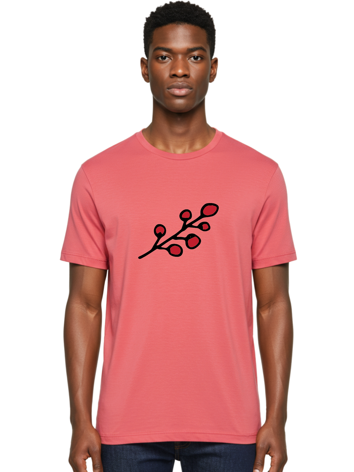 Berries-1 Men'S Graphic Tee, 100% Cotton, Comfortable Casual Summer Wear, Machine Washable, Black Stem, Red Bulbs, Abstract Design, Simple Graphics, Minimalist Art, Bold Colors, Modern Illustration - Aaa753 6