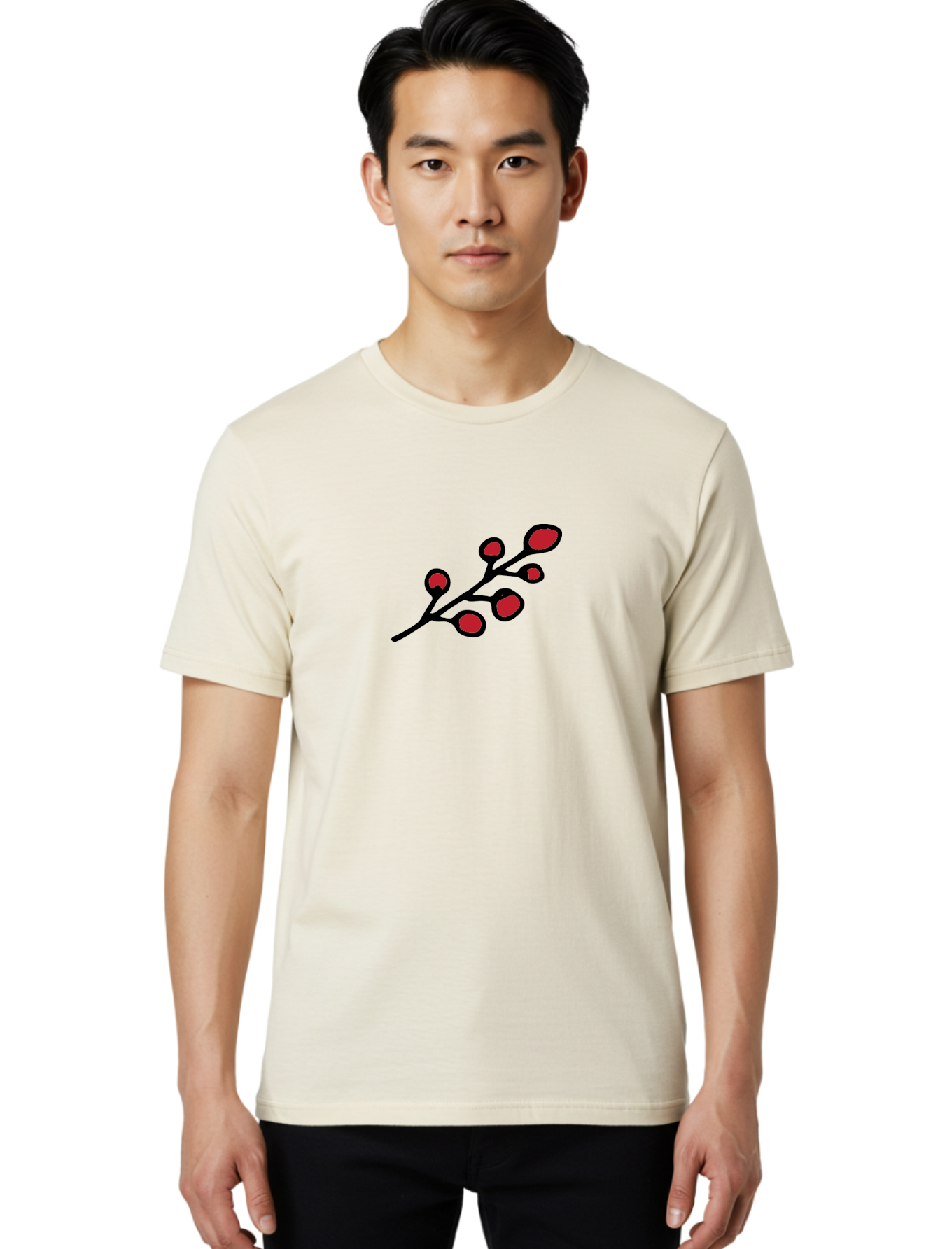Berries-1 Men'S Graphic Tee, 100% Cotton, Comfortable Casual Summer Wear, Machine Washable, Black Stem, Red Bulbs, Abstract Design, Simple Graphics, Minimalist Art, Bold Colors, Modern Illustration - Aaa753 18