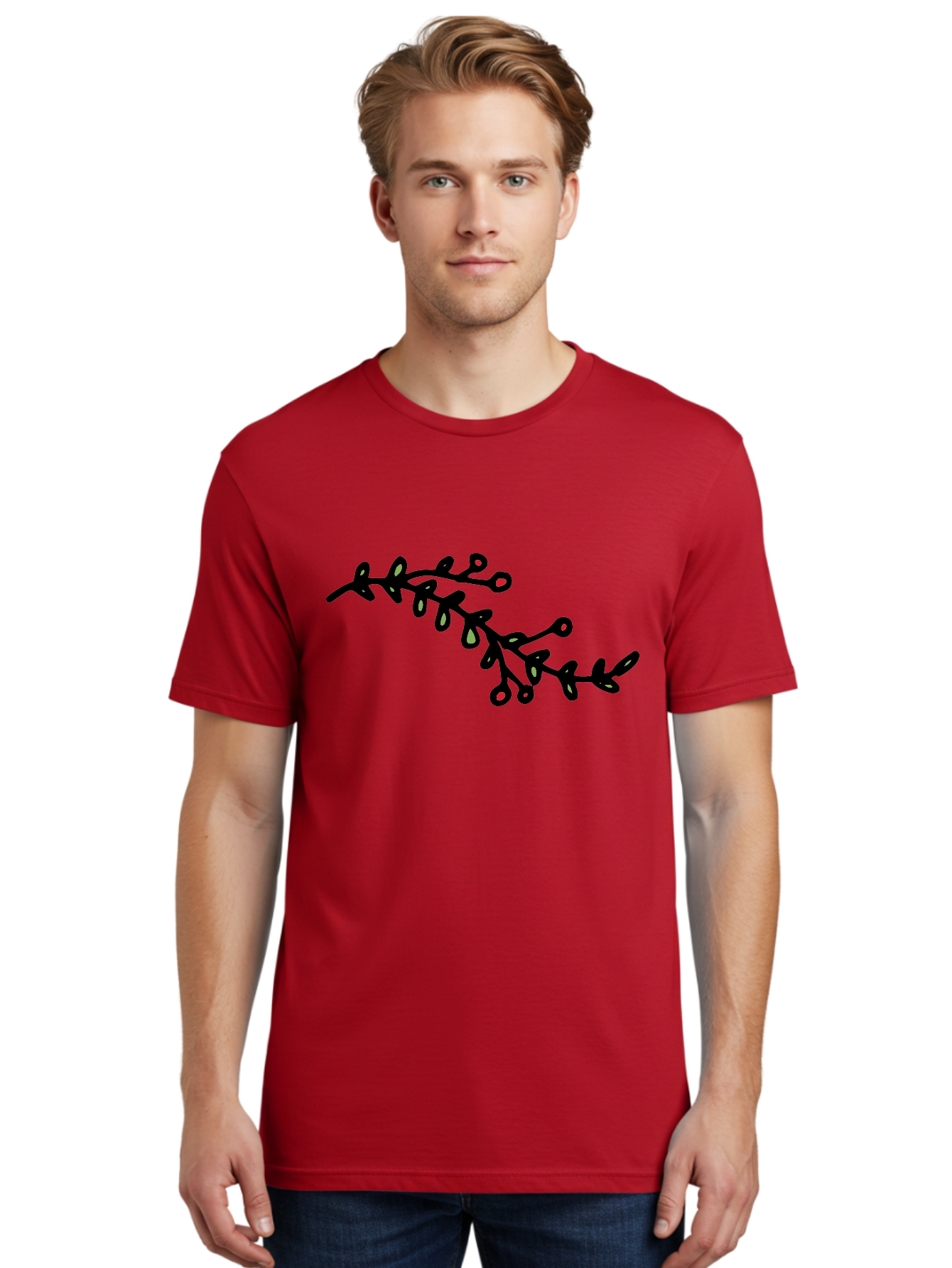 Black-Stem-With-Red-Berries Men'S Graphic Tee, 100% Cotton, Comfortable Casual Summer Wear, Machine Washable, Black Stem, Winter Berries, Red Berries, Minimalist Design, Simple Artwork, Abstract Illustration, Botanical Elements, - Aaa763 24