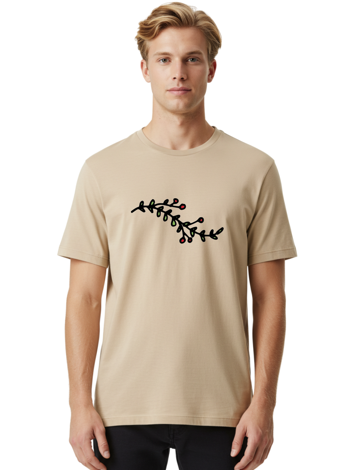 Black-Stem-With-Red-Berries Men'S Graphic Tee, 100% Cotton, Comfortable Casual Summer Wear, Machine Washable, Black Stem, Winter Berries, Red Berries, Minimalist Design, Simple Artwork, Abstract Illustration, Botanical Elements, - Aaa763 28