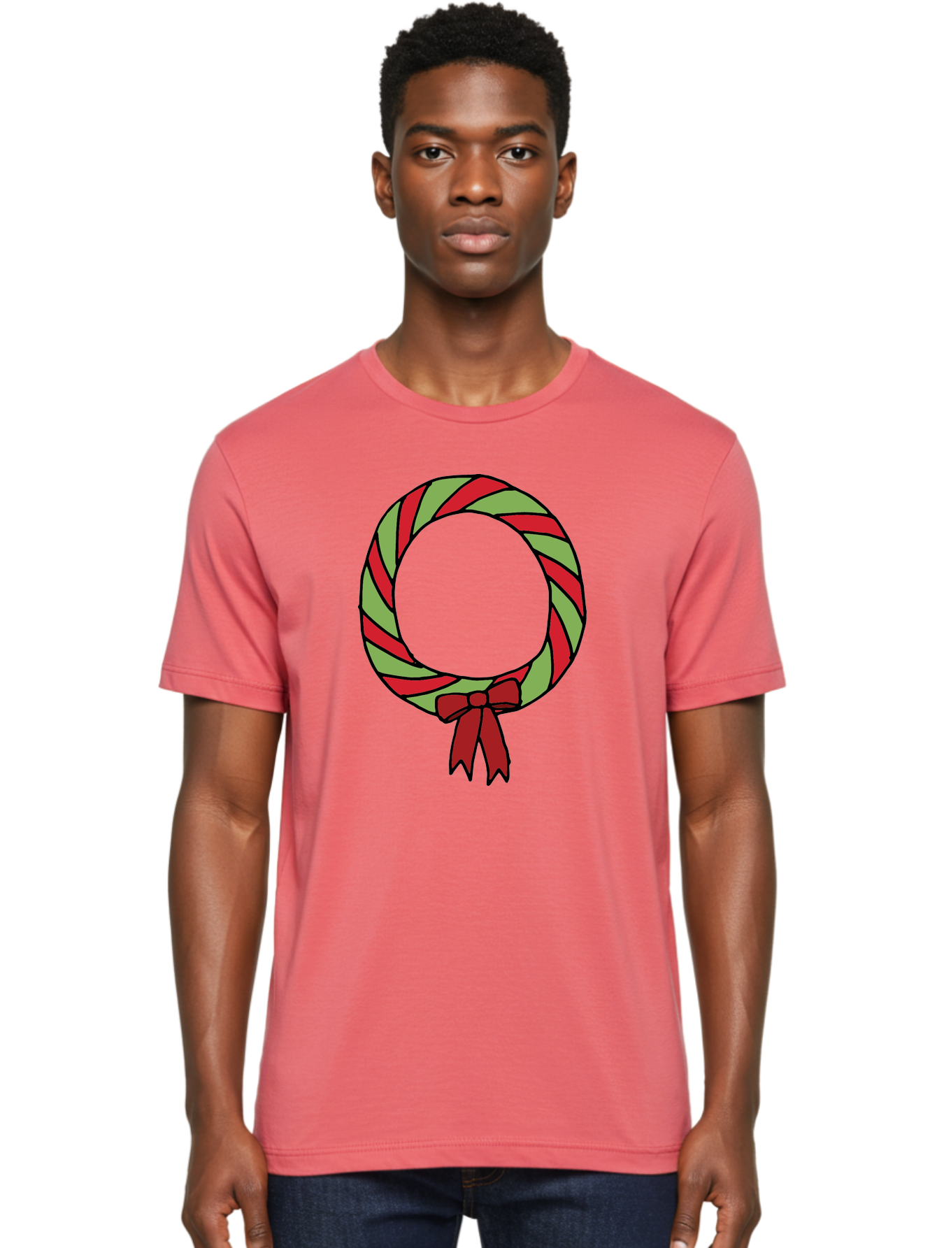Candy-Cane-Wreath Men'S Graphic Tee, 100% Cotton, Comfortable Casual Summer Wear, Machine Washable, Candy Cane Wreath, Christmas Decoration, Red And Green Stripes, Festive Holiday Decor, Wrapped Candy Design, Ribbon Bow, Sweet Treat Theme, - Aaa784 6