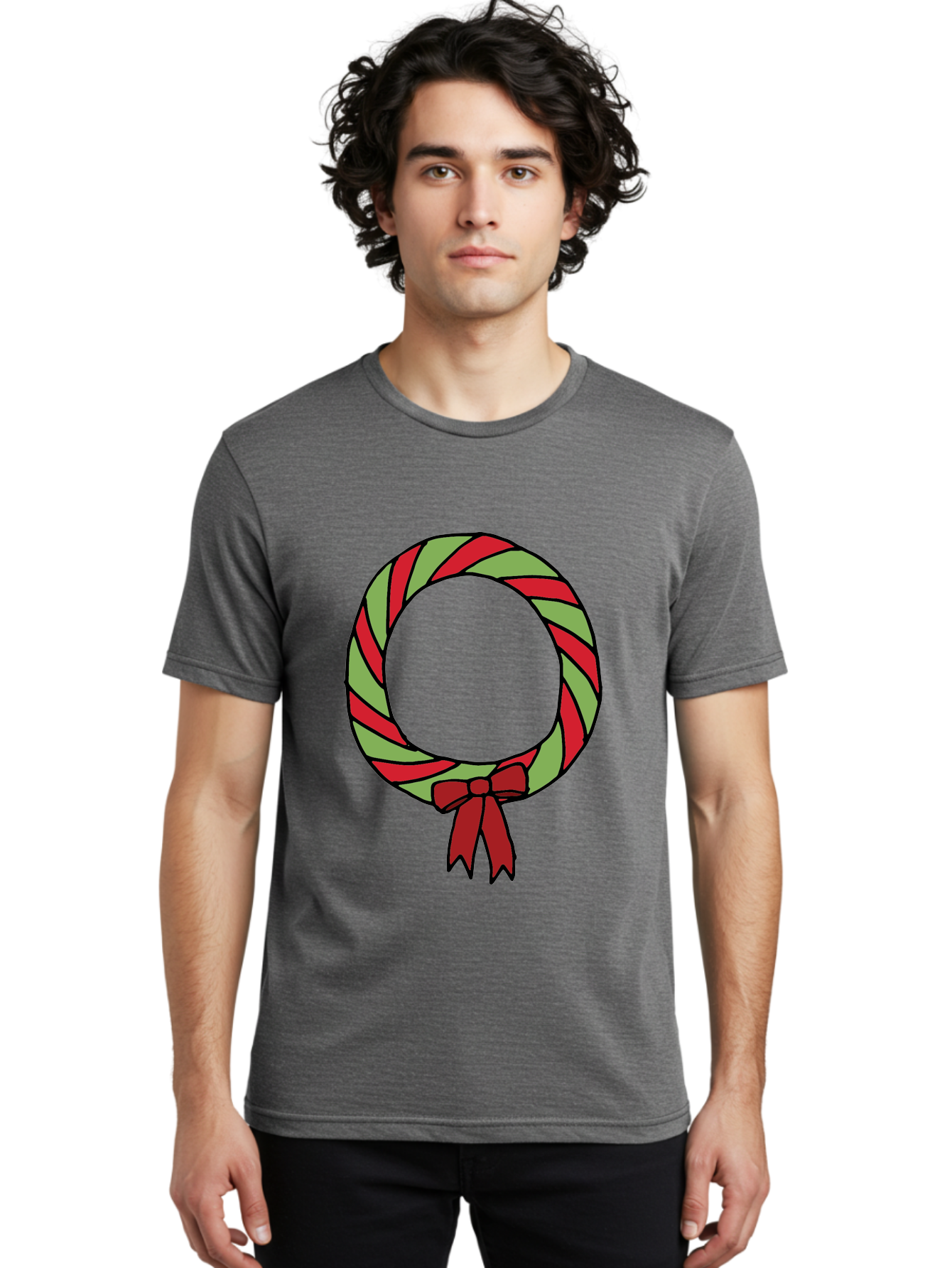 Candy-Cane-Wreath Men'S Graphic Tee, 100% Cotton, Comfortable Casual Summer Wear, Machine Washable, Candy Cane Wreath, Christmas Decoration, Red And Green Stripes, Festive Holiday Decor, Wrapped Candy Design, Ribbon Bow, Sweet Treat Theme, - Aaa784 10