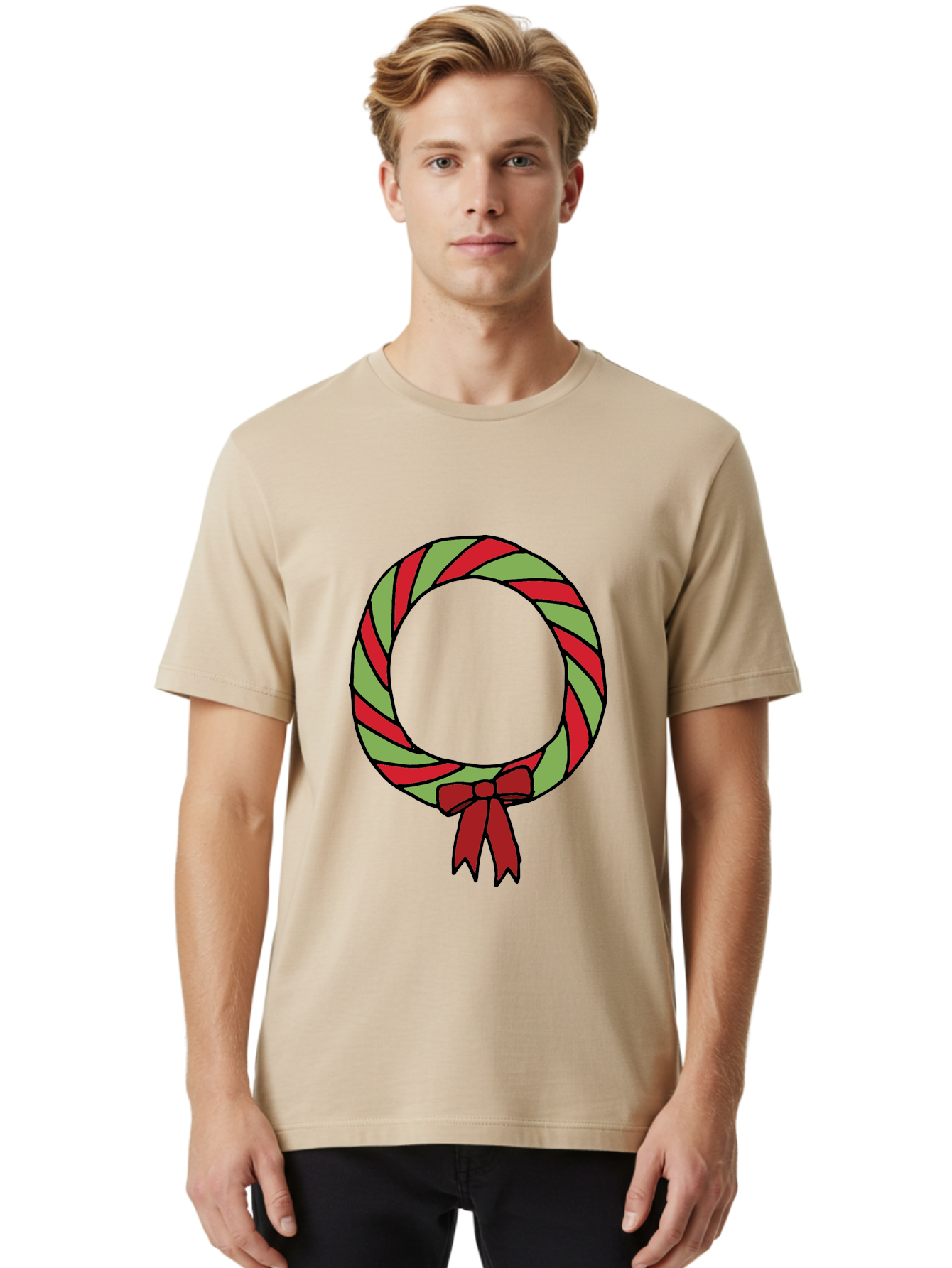 Candy-Cane-Wreath Men'S Graphic Tee, 100% Cotton, Comfortable Casual Summer Wear, Machine Washable, Candy Cane Wreath, Christmas Decoration, Red And Green Stripes, Festive Holiday Decor, Wrapped Candy Design, Ribbon Bow, Sweet Treat Theme, - Aaa784 28