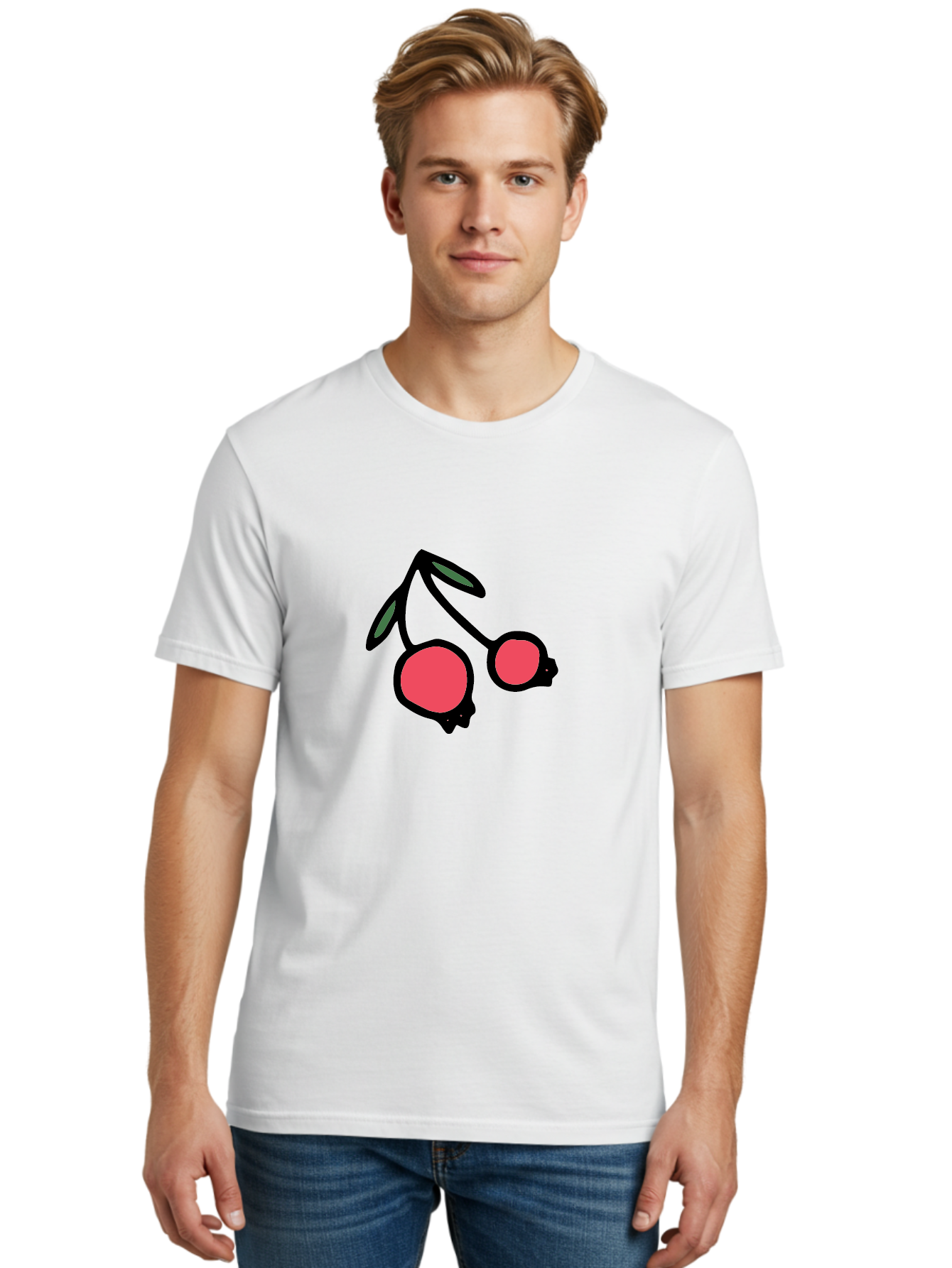 Cherry-Sunglasses Men'S Graphic Tee, 100% Cotton, Comfortable Casual Summer Wear, Machine Washable, Fun Sunglasses, Cherry Design, Playful Eyewear, Trendy Accessories, Stylish Shades, Cartoon Graphics, Retro Style, Fashion Statement - Aaa800 30