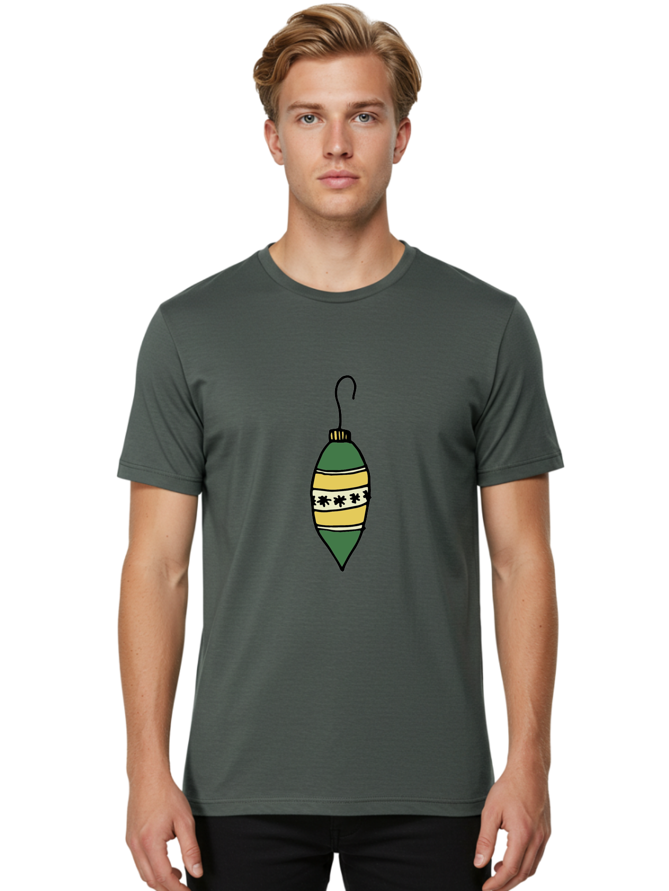 Christmas-Ornament-1 Men'S Graphic Tee, 100% Cotton, Comfortable Casual Summer Wear, Machine Washable, Christmas Decoration, Festive Ornament, Holiday Decor, Green And Yellow Bauble, Striped Pattern, Floral Design, Hanging Decoration, - Aaa809 26