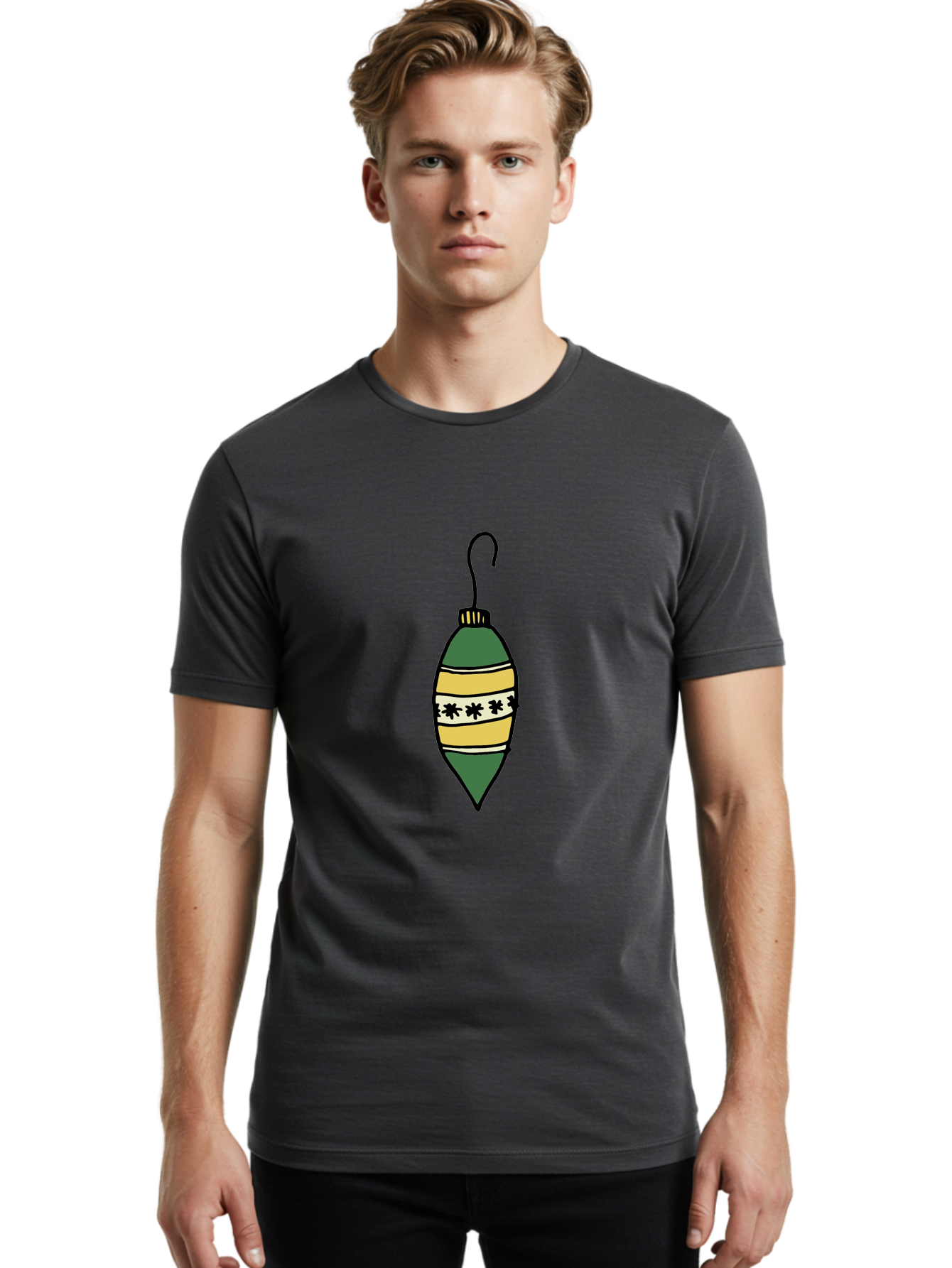 Christmas-Ornament-1 Men'S Graphic Tee, 100% Cotton, Comfortable Casual Summer Wear, Machine Washable, Christmas Decoration, Festive Ornament, Holiday Decor, Green And Yellow Bauble, Striped Pattern, Floral Design, Hanging Decoration, - Aaa809 30