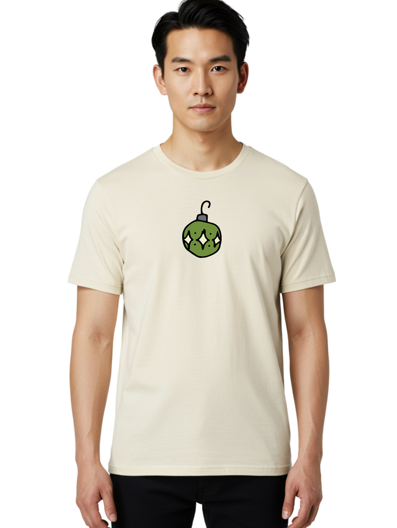 Christmas-Ornament-5 Men'S Graphic Tee, 100% Cotton, Comfortable Casual Summer Wear, Machine Washable, Christmas Decoration, Festive Symbol, Green Ornament, Hanging Decoration, Holiday Decor, Cartoon Style, White Diamonds, Black Outline, - Aaa813 8