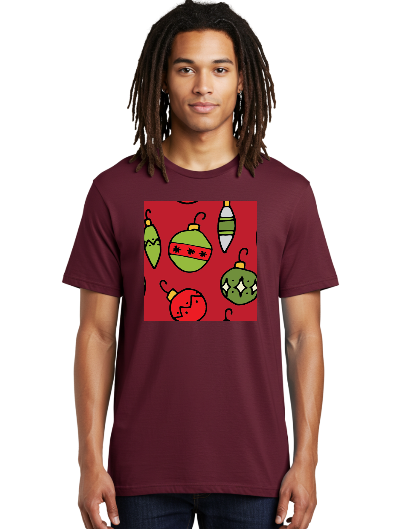 Christmas-Ornaments Men'S Graphic Tee, 100% Cotton, Comfortable Casual Summer Wear, Machine Washable, Christmas Decorations, Festive Ornaments, Holiday Baubles, Red And Green Theme, Cartoon Style, Winter Wonderland, Seasonal Decor, - Aaa817 6
