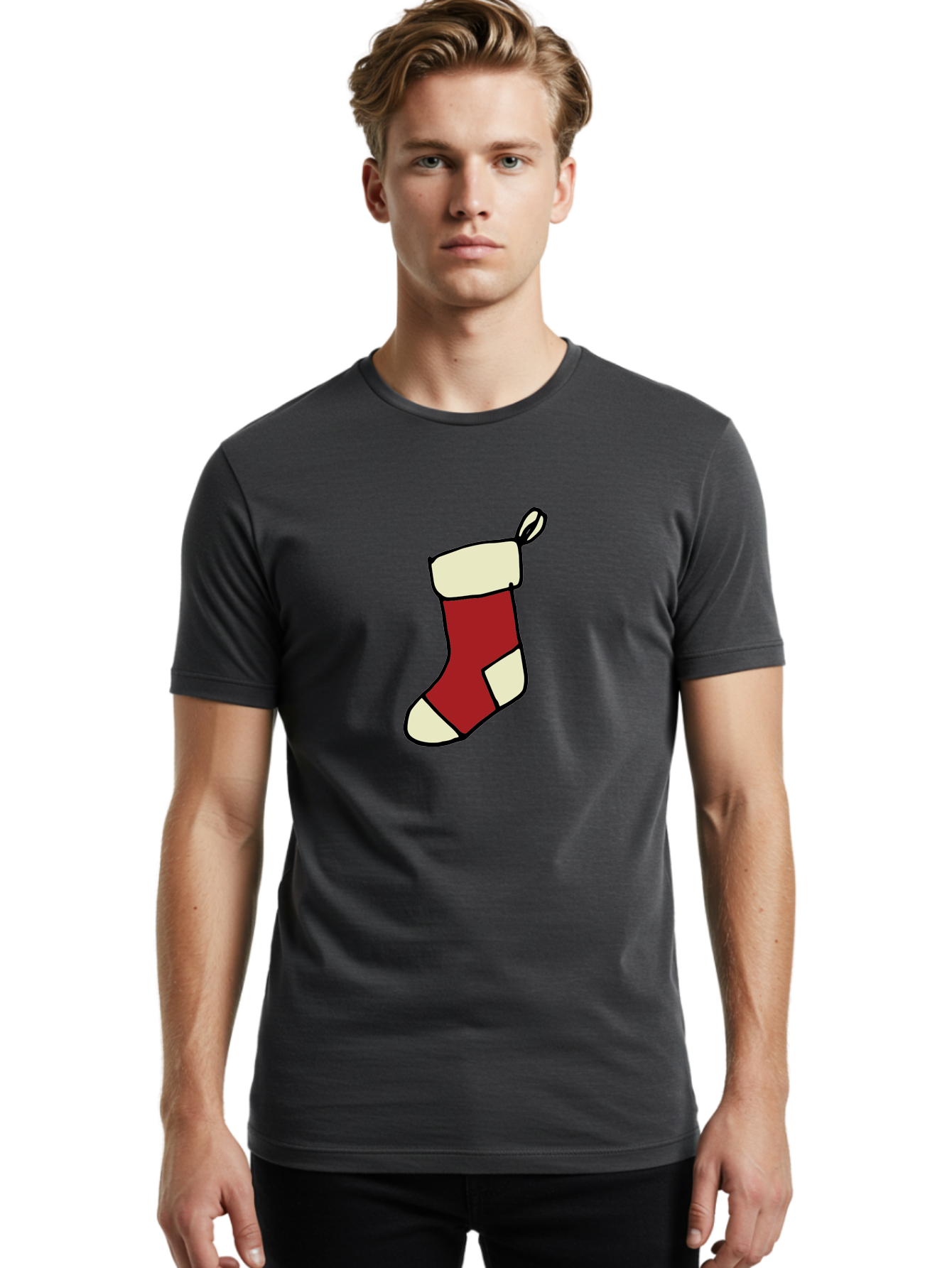 Christmas-Stocking Men'S Graphic Tee, 100% Cotton, Comfortable Casual Summer Wear, Machine Washable, Christmas Stocking, Holiday Decor, Festive Tradition, Red And White Colors, Black Outline, Cartoon Style, Holiday Season, Winter Wonderland - Aaa821 30