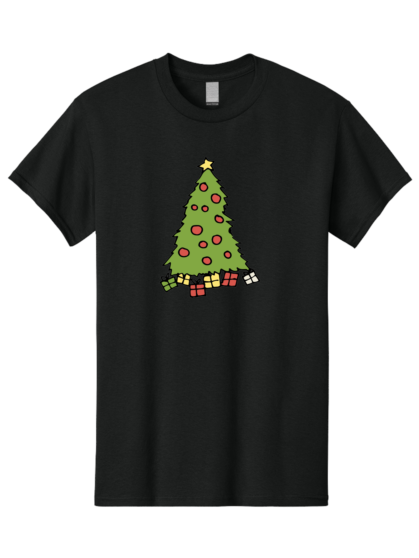Christmas-Tree-3 Men'S Graphic Tee, 100% Cotton, Comfortable Casual Summer Wear, Machine Washable, Christmas Tree, Red Ornaments, Festive Decorations, Wrapped Gifts, Holiday Season, Joyful Atmosphere, Cartoon Style, Golden Star, - Aaa824 5