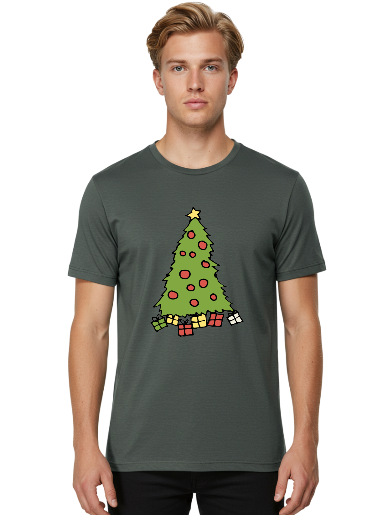 Christmas-Tree-3 Men'S Graphic Tee, 100% Cotton, Comfortable Casual Summer Wear, Machine Washable, Christmas Tree, Red Ornaments, Festive Decorations, Wrapped Gifts, Holiday Season, Joyful Atmosphere, Cartoon Style, Golden Star, - Aaa824 14