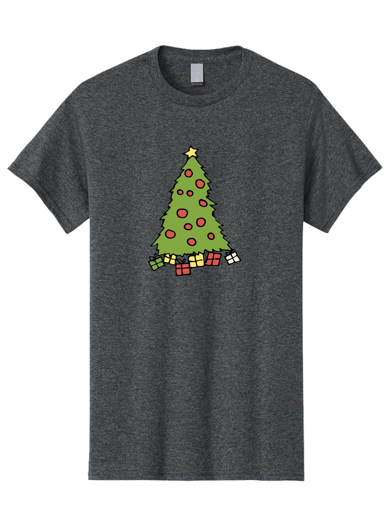 Christmas-Tree-3 Men'S Graphic Tee, 100% Cotton, Comfortable Casual Summer Wear, Machine Washable, Christmas Tree, Red Ornaments, Festive Decorations, Wrapped Gifts, Holiday Season, Joyful Atmosphere, Cartoon Style, Golden Star, - Aaa824 25