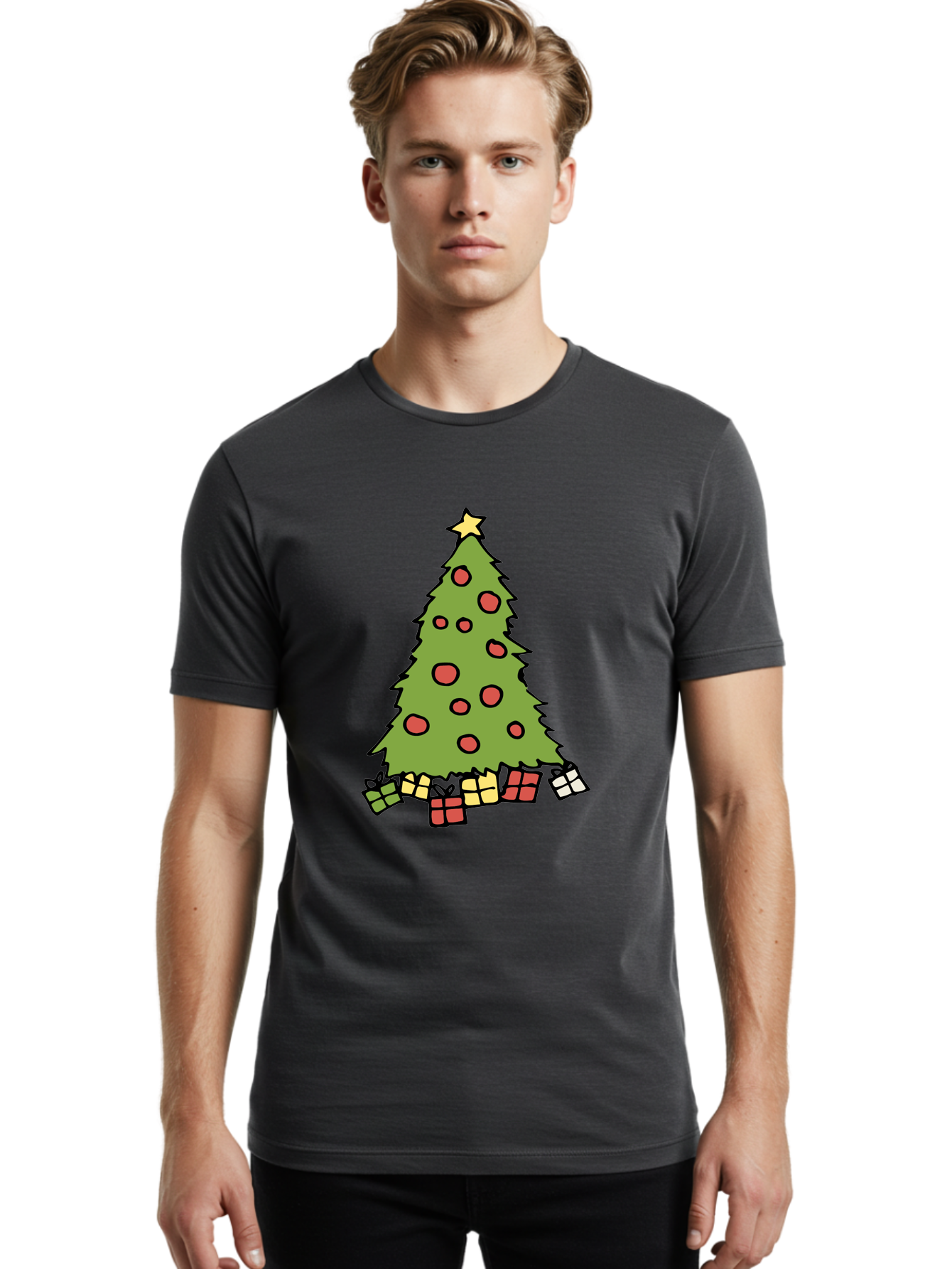 Christmas-Tree-3 Men'S Graphic Tee, 100% Cotton, Comfortable Casual Summer Wear, Machine Washable, Christmas Tree, Red Ornaments, Festive Decorations, Wrapped Gifts, Holiday Season, Joyful Atmosphere, Cartoon Style, Golden Star, - Aaa824 26