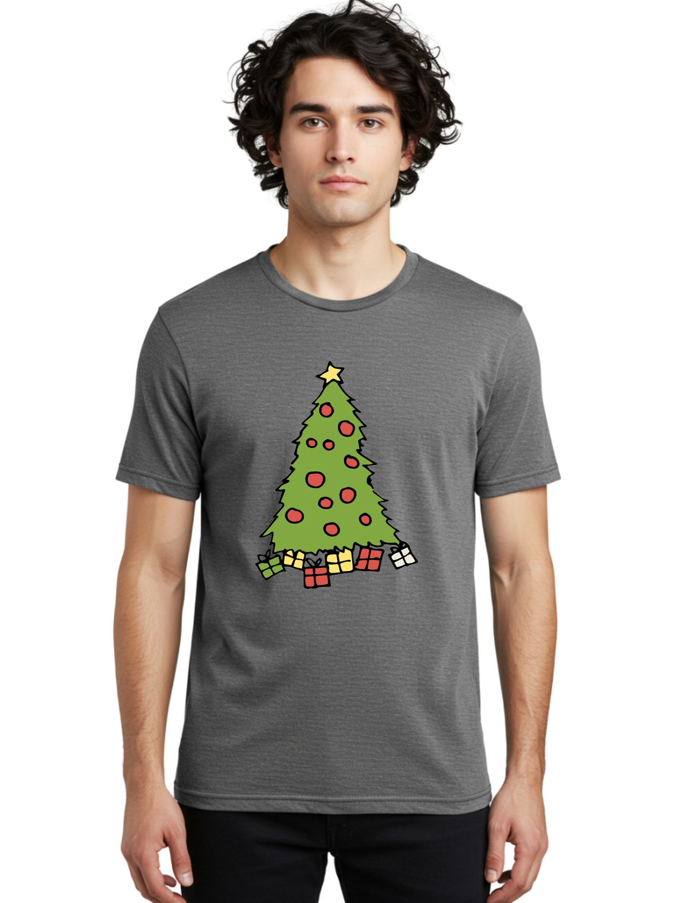 Christmas-Tree-3 Men'S Graphic Tee, 100% Cotton, Comfortable Casual Summer Wear, Machine Washable, Christmas Tree, Red Ornaments, Festive Decorations, Wrapped Gifts, Holiday Season, Joyful Atmosphere, Cartoon Style, Golden Star, - Aaa824 30