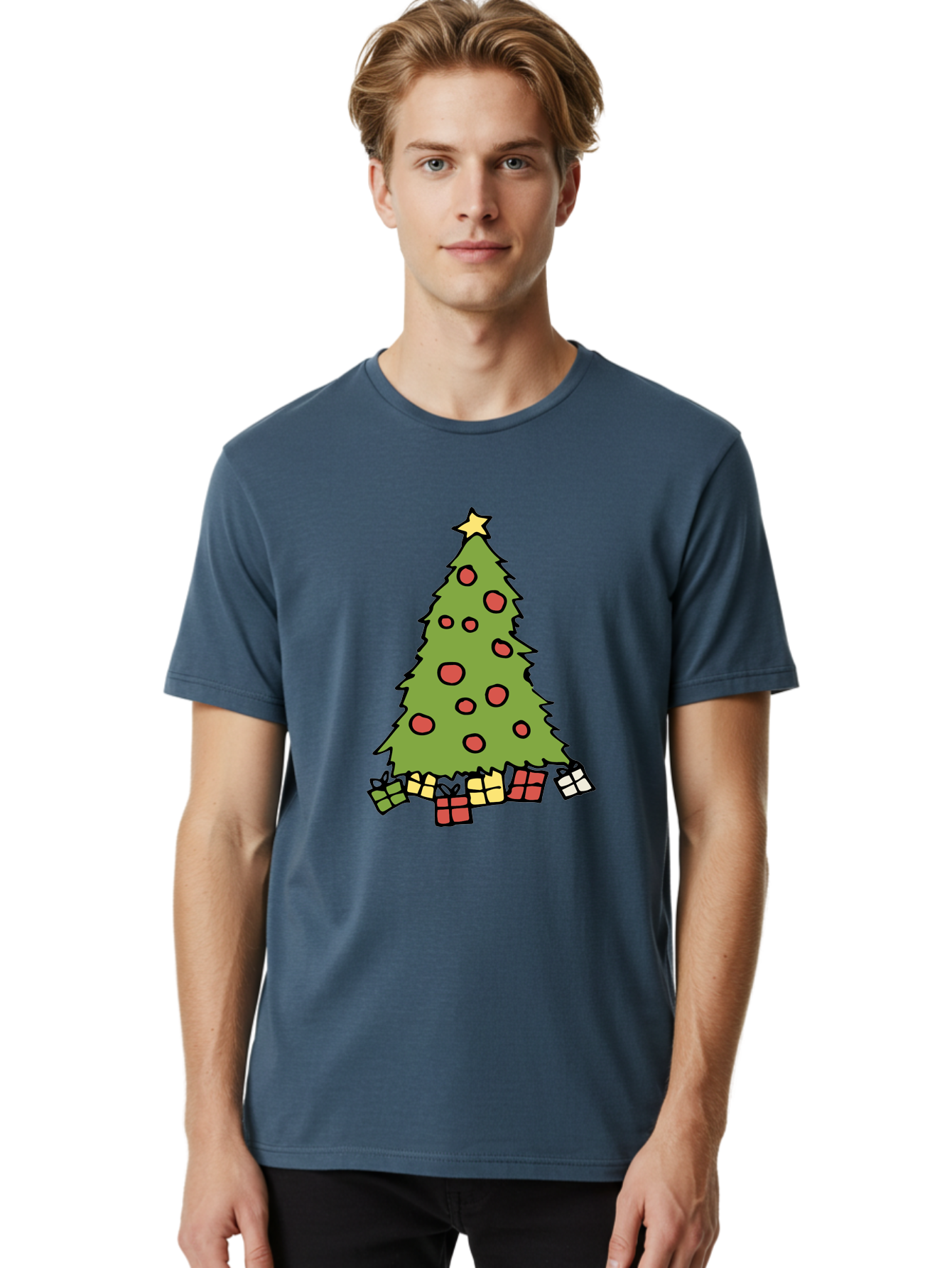 Christmas-Tree-3 Men'S Graphic Tee, 100% Cotton, Comfortable Casual Summer Wear, Machine Washable, Christmas Tree, Red Ornaments, Festive Decorations, Wrapped Gifts, Holiday Season, Joyful Atmosphere, Cartoon Style, Golden Star, - Aaa824 16