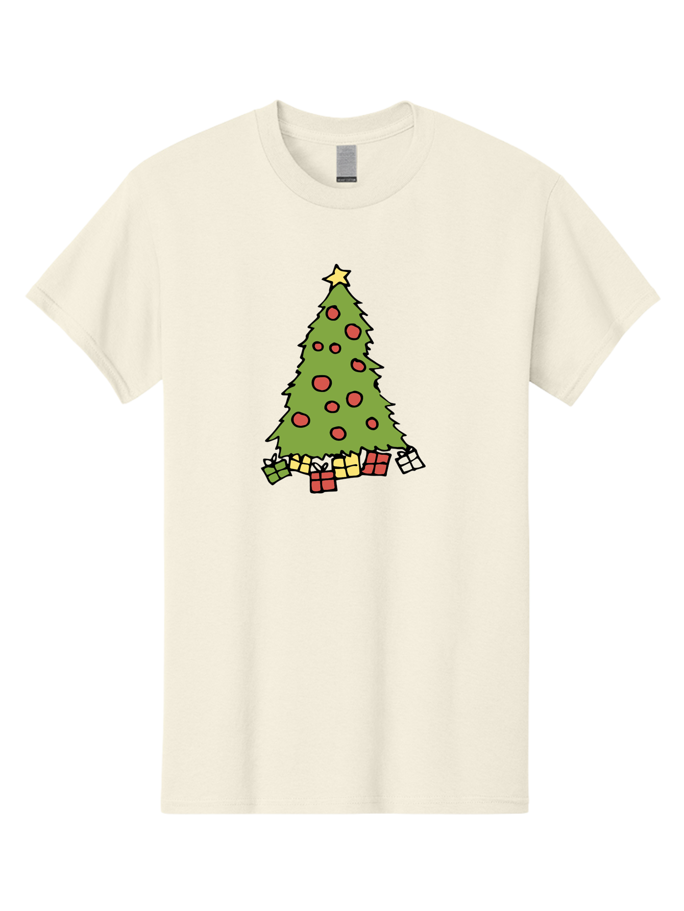 Christmas-Tree-3 Men'S Graphic Tee, 100% Cotton, Comfortable Casual Summer Wear, Machine Washable, Christmas Tree, Red Ornaments, Festive Decorations, Wrapped Gifts, Holiday Season, Joyful Atmosphere, Cartoon Style, Golden Star, - Aaa824 21