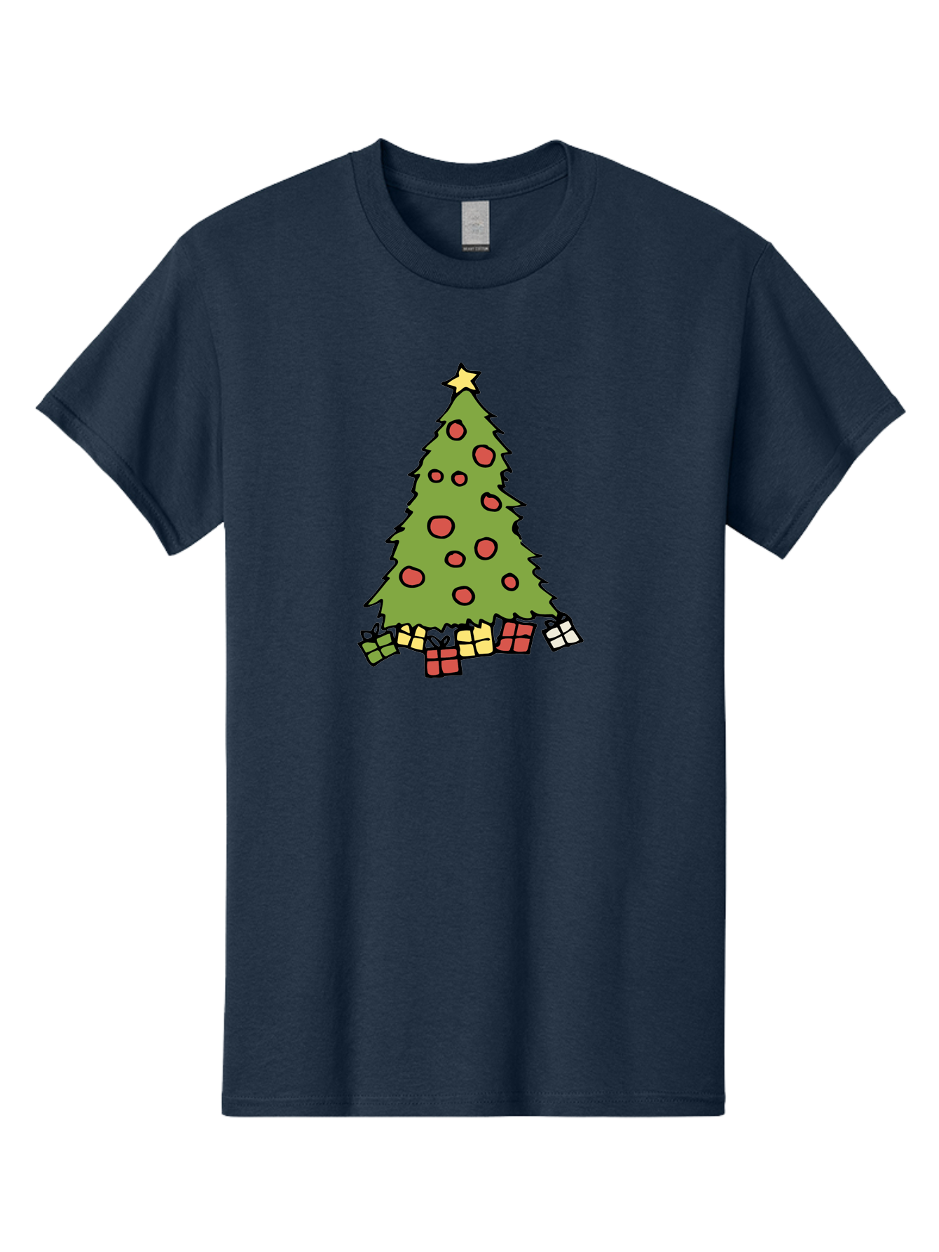 Christmas-Tree-3 Men'S Graphic Tee, 100% Cotton, Comfortable Casual Summer Wear, Machine Washable, Christmas Tree, Red Ornaments, Festive Decorations, Wrapped Gifts, Holiday Season, Joyful Atmosphere, Cartoon Style, Golden Star, - Aaa824 7