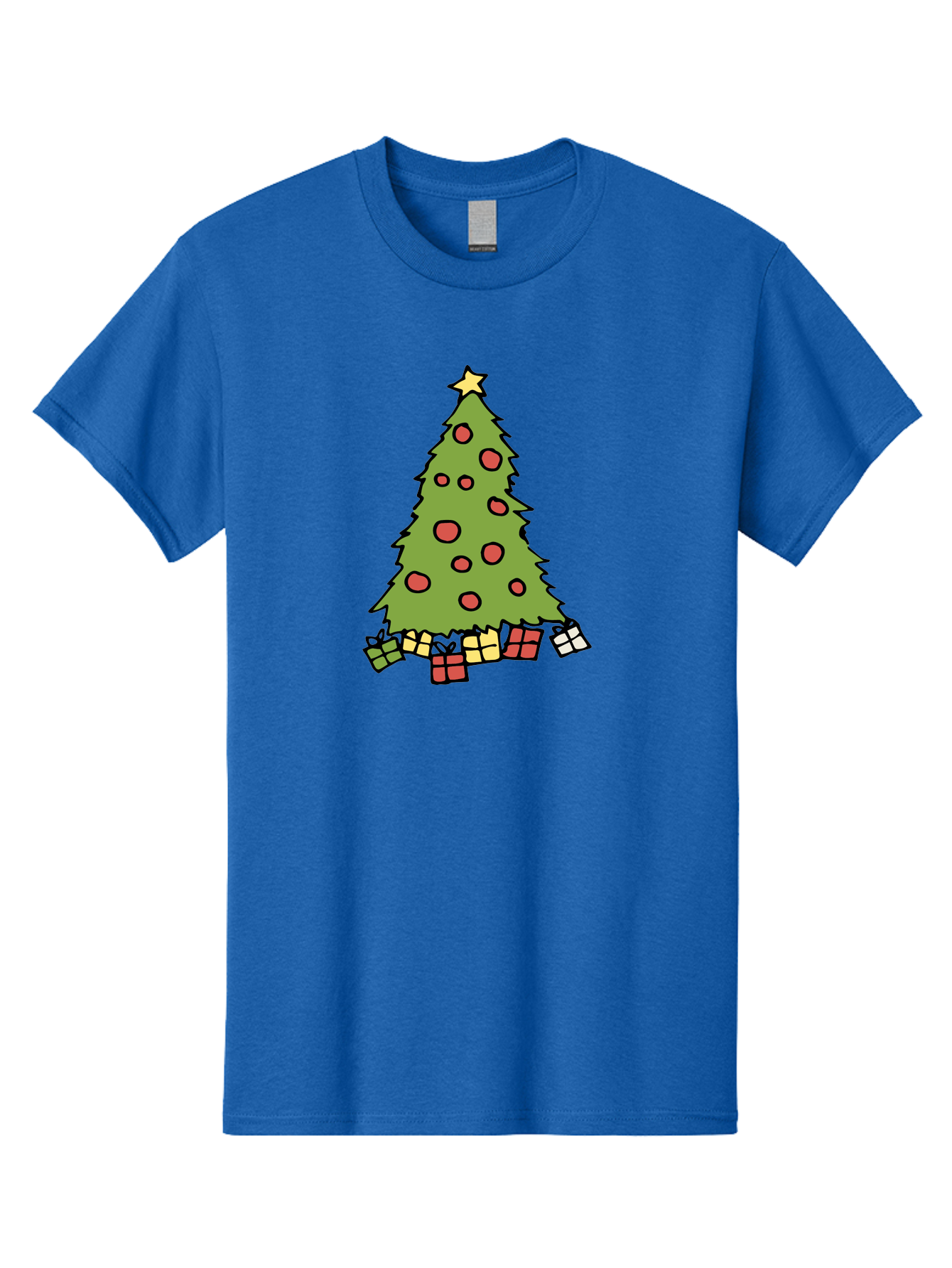 Christmas-Tree-3 Men'S Graphic Tee, 100% Cotton, Comfortable Casual Summer Wear, Machine Washable, Christmas Tree, Red Ornaments, Festive Decorations, Wrapped Gifts, Holiday Season, Joyful Atmosphere, Cartoon Style, Golden Star, - Aaa824 19