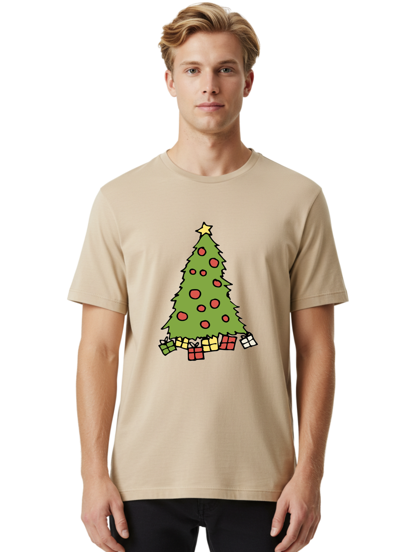 Christmas-Tree-3 Men'S Graphic Tee, 100% Cotton, Comfortable Casual Summer Wear, Machine Washable, Christmas Tree, Red Ornaments, Festive Decorations, Wrapped Gifts, Holiday Season, Joyful Atmosphere, Cartoon Style, Golden Star, - Aaa824 24