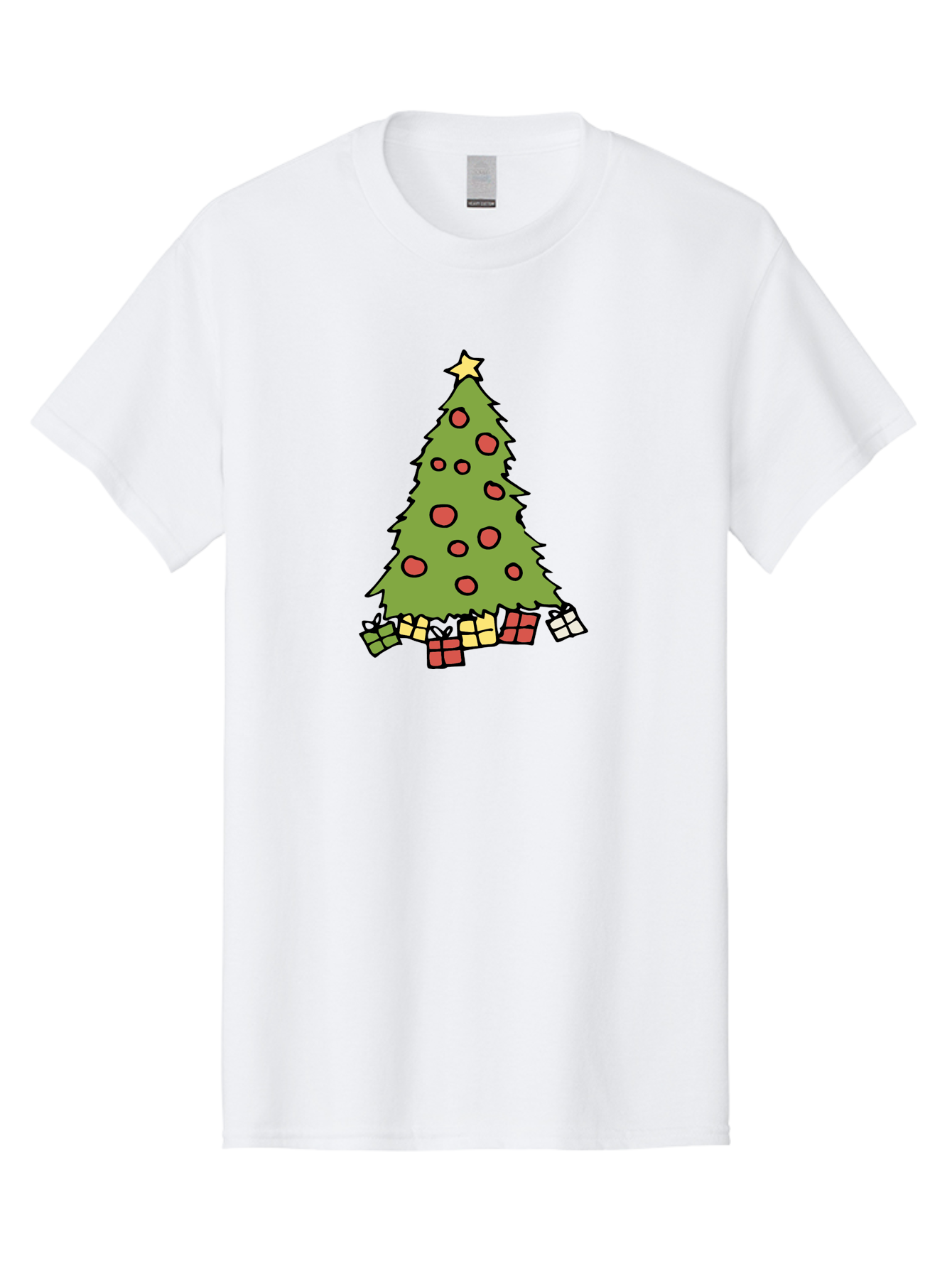 Christmas-Tree-3 Men'S Graphic Tee, 100% Cotton, Comfortable Casual Summer Wear, Machine Washable, Christmas Tree, Red Ornaments, Festive Decorations, Wrapped Gifts, Holiday Season, Joyful Atmosphere, Cartoon Style, Golden Star, - Aaa824 17