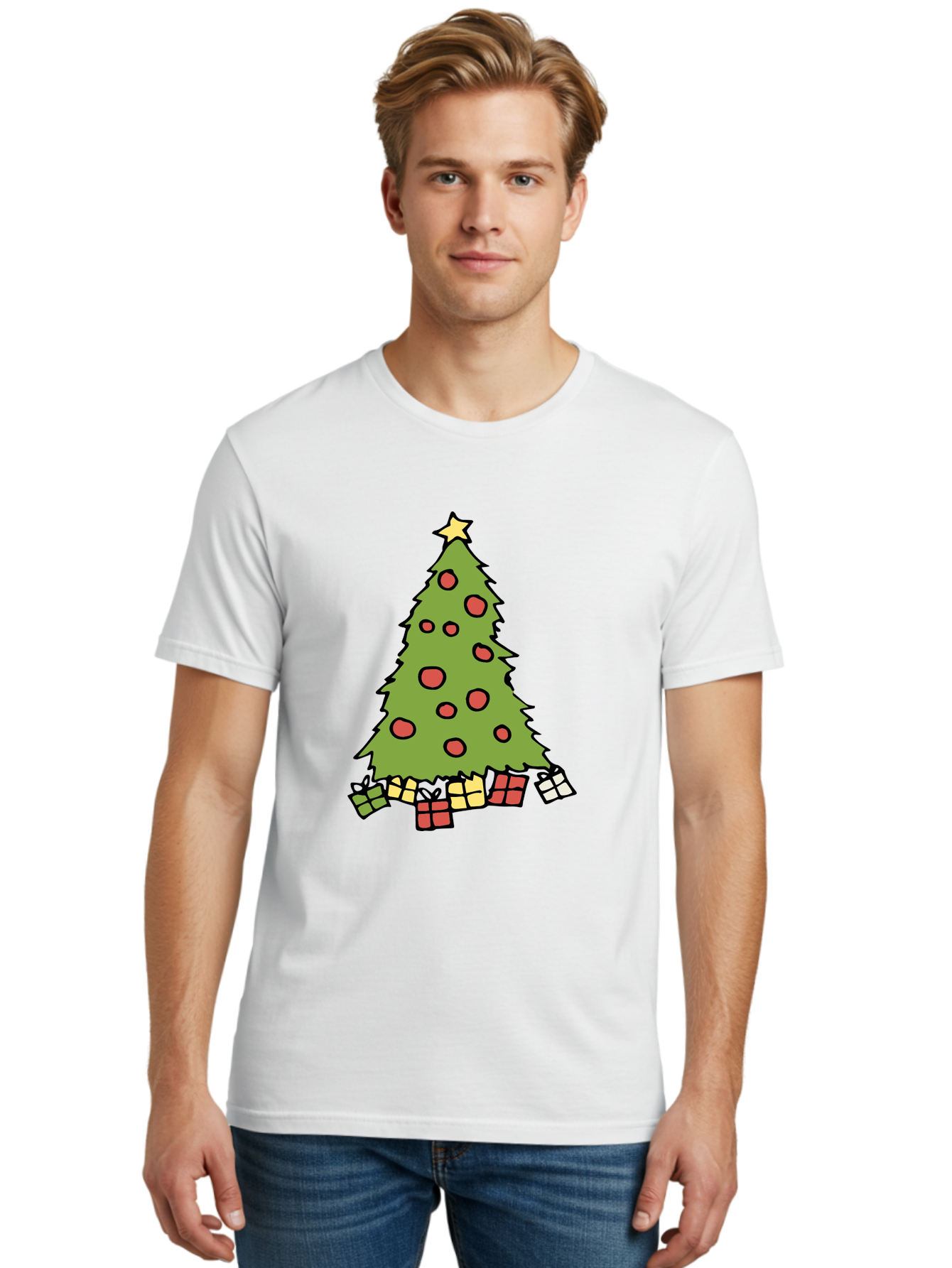 Christmas-Tree-3 Men'S Graphic Tee, 100% Cotton, Comfortable Casual Summer Wear, Machine Washable, Christmas Tree, Red Ornaments, Festive Decorations, Wrapped Gifts, Holiday Season, Joyful Atmosphere, Cartoon Style, Golden Star, - Aaa824 18