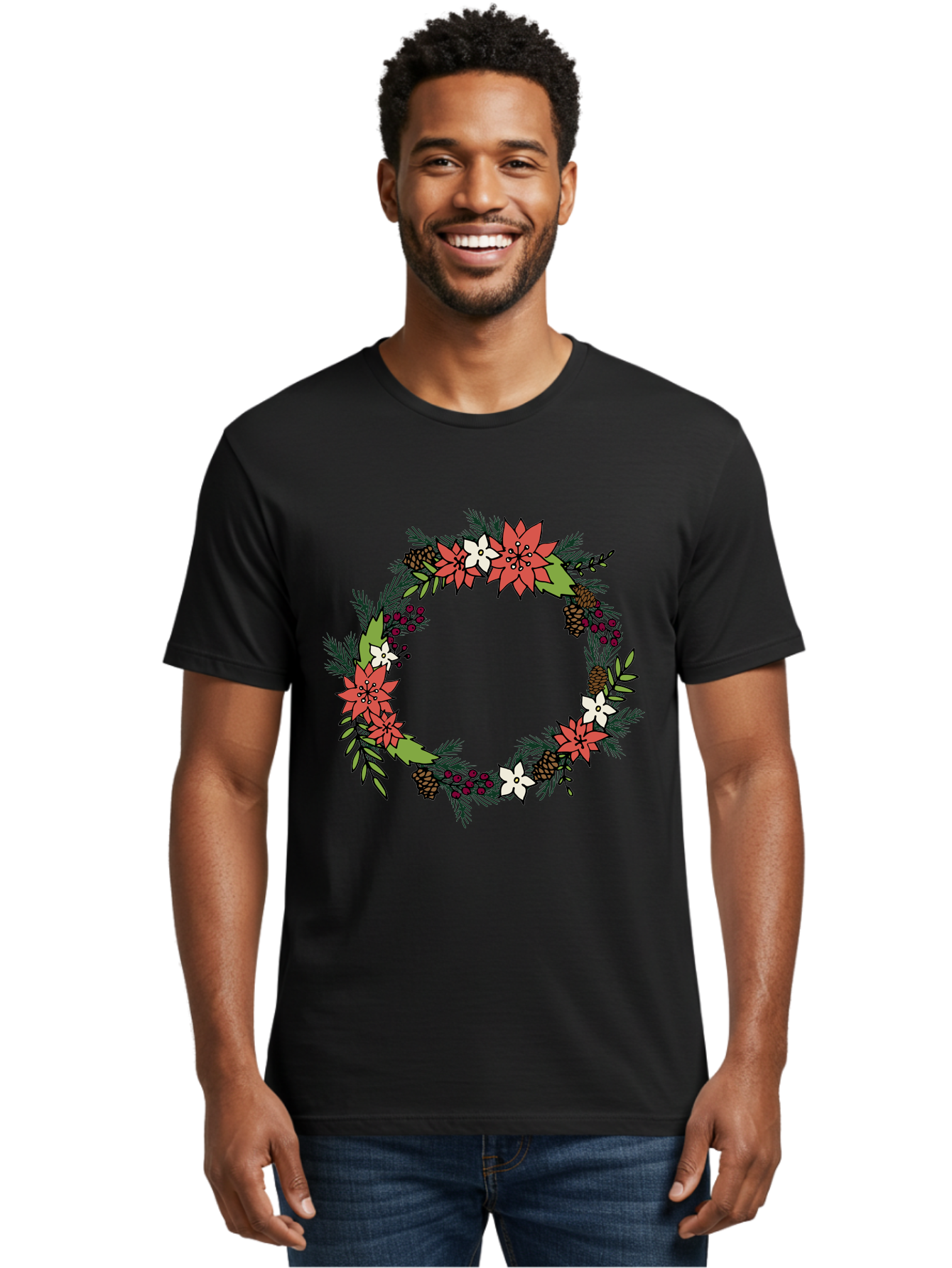 Christmas-Wreath Men'S Graphic Tee, 100% Cotton, Comfortable Casual Summer Wear, Machine Washable, Christmas Wreath, Holiday Decor, Festive Flowers, Red And White Blooms, Pinecones, Evergreen Branches, Seasonal Decoration, - Aaa831 16