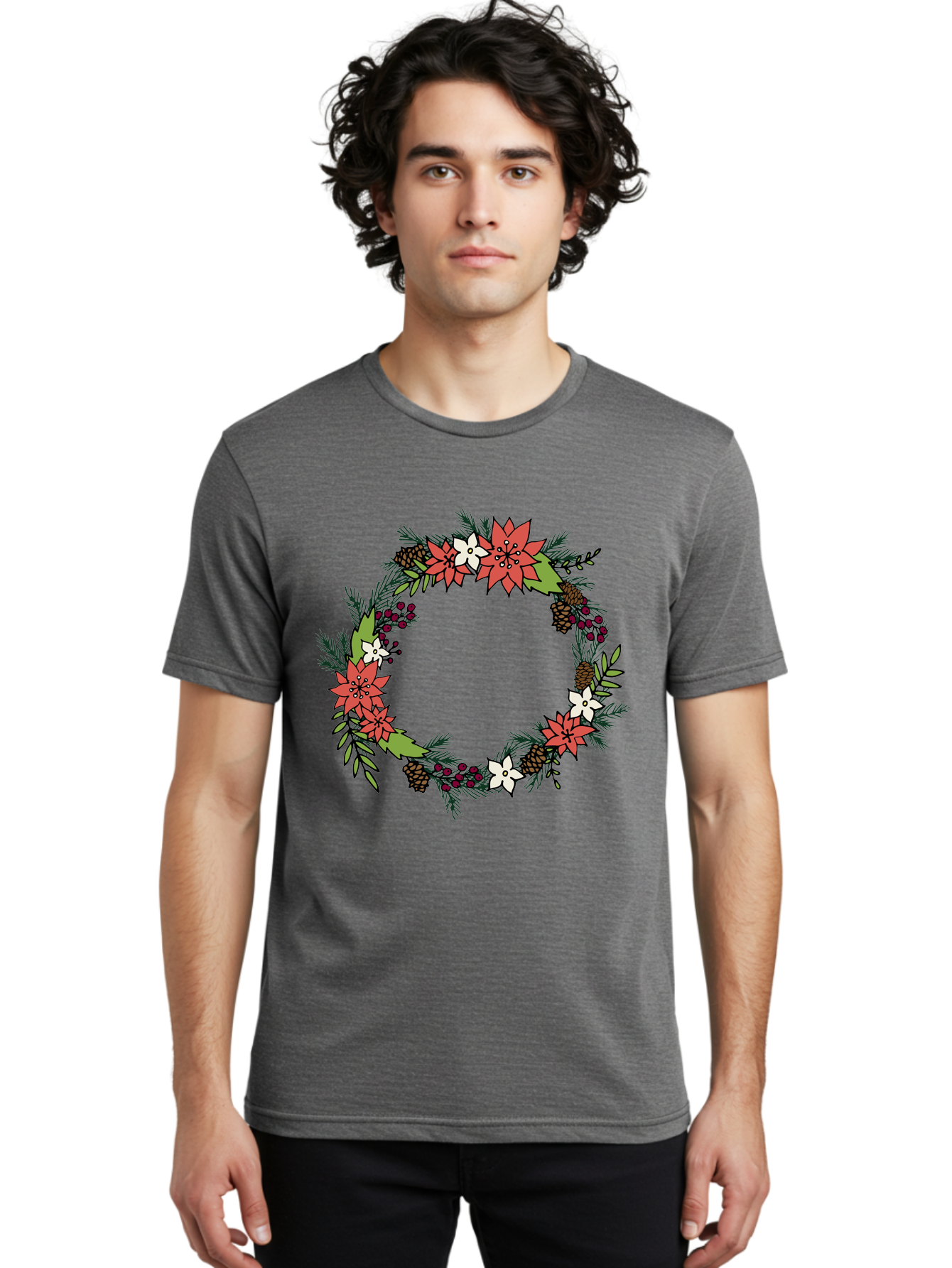 Christmas-Wreath Men'S Graphic Tee, 100% Cotton, Comfortable Casual Summer Wear, Machine Washable, Christmas Wreath, Holiday Decor, Festive Flowers, Red And White Blooms, Pinecones, Evergreen Branches, Seasonal Decoration, - Aaa831 26