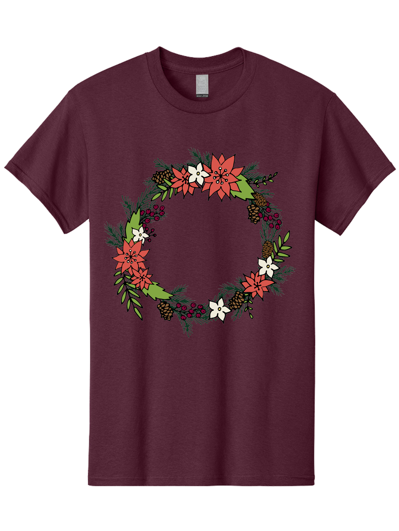 Christmas-Wreath Men'S Graphic Tee, 100% Cotton, Comfortable Casual Summer Wear, Machine Washable, Christmas Wreath, Holiday Decor, Festive Flowers, Red And White Blooms, Pinecones, Evergreen Branches, Seasonal Decoration, - Aaa831 7