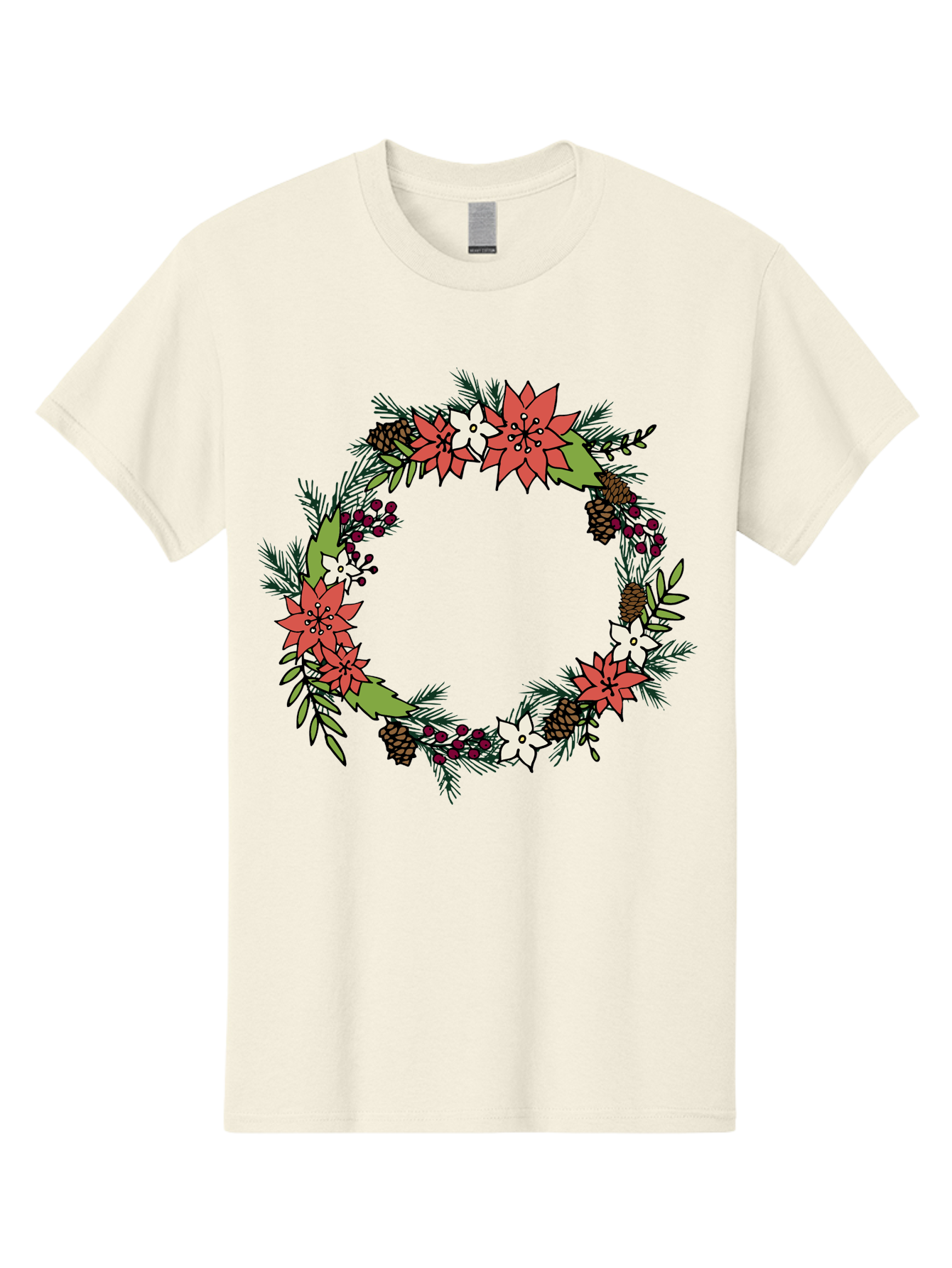 Christmas-Wreath Men'S Graphic Tee, 100% Cotton, Comfortable Casual Summer Wear, Machine Washable, Christmas Wreath, Holiday Decor, Festive Flowers, Red And White Blooms, Pinecones, Evergreen Branches, Seasonal Decoration, - Aaa831 19
