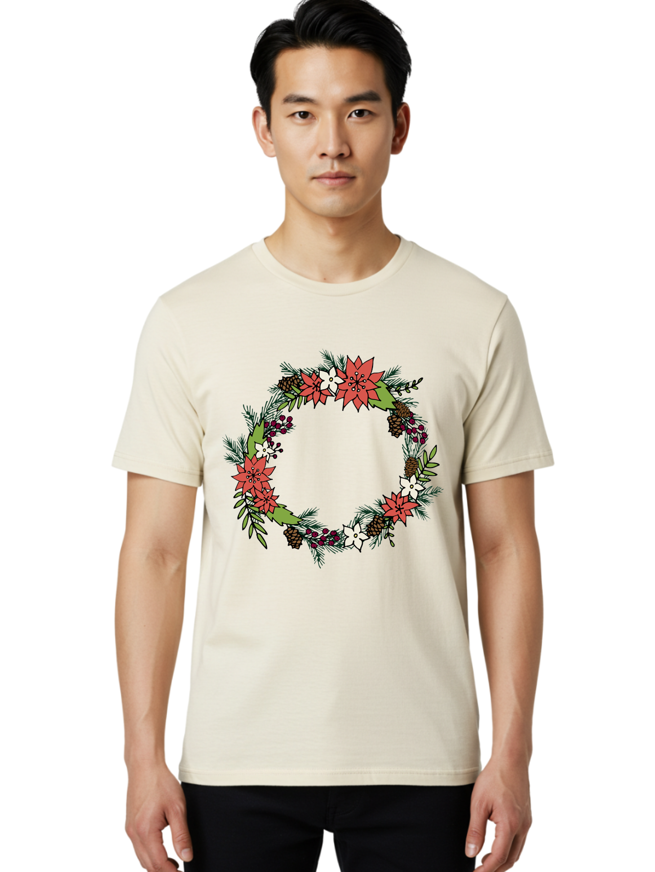 Christmas-Wreath Men'S Graphic Tee, 100% Cotton, Comfortable Casual Summer Wear, Machine Washable, Christmas Wreath, Holiday Decor, Festive Flowers, Red And White Blooms, Pinecones, Evergreen Branches, Seasonal Decoration, - Aaa831 20
