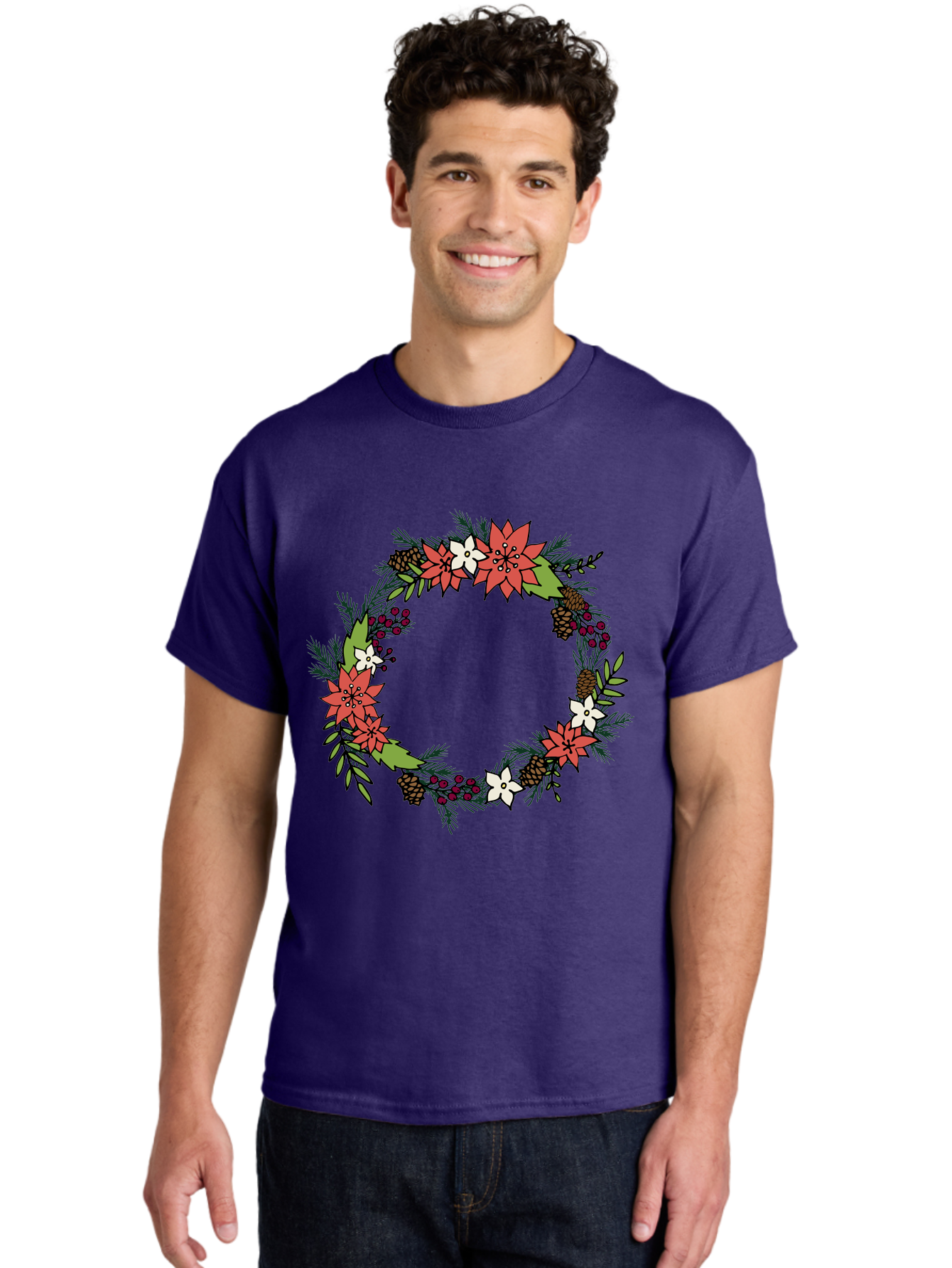 Christmas-Wreath Men'S Graphic Tee, 100% Cotton, Comfortable Casual Summer Wear, Machine Washable, Christmas Wreath, Holiday Decor, Festive Flowers, Red And White Blooms, Pinecones, Evergreen Branches, Seasonal Decoration, - Aaa831 4
