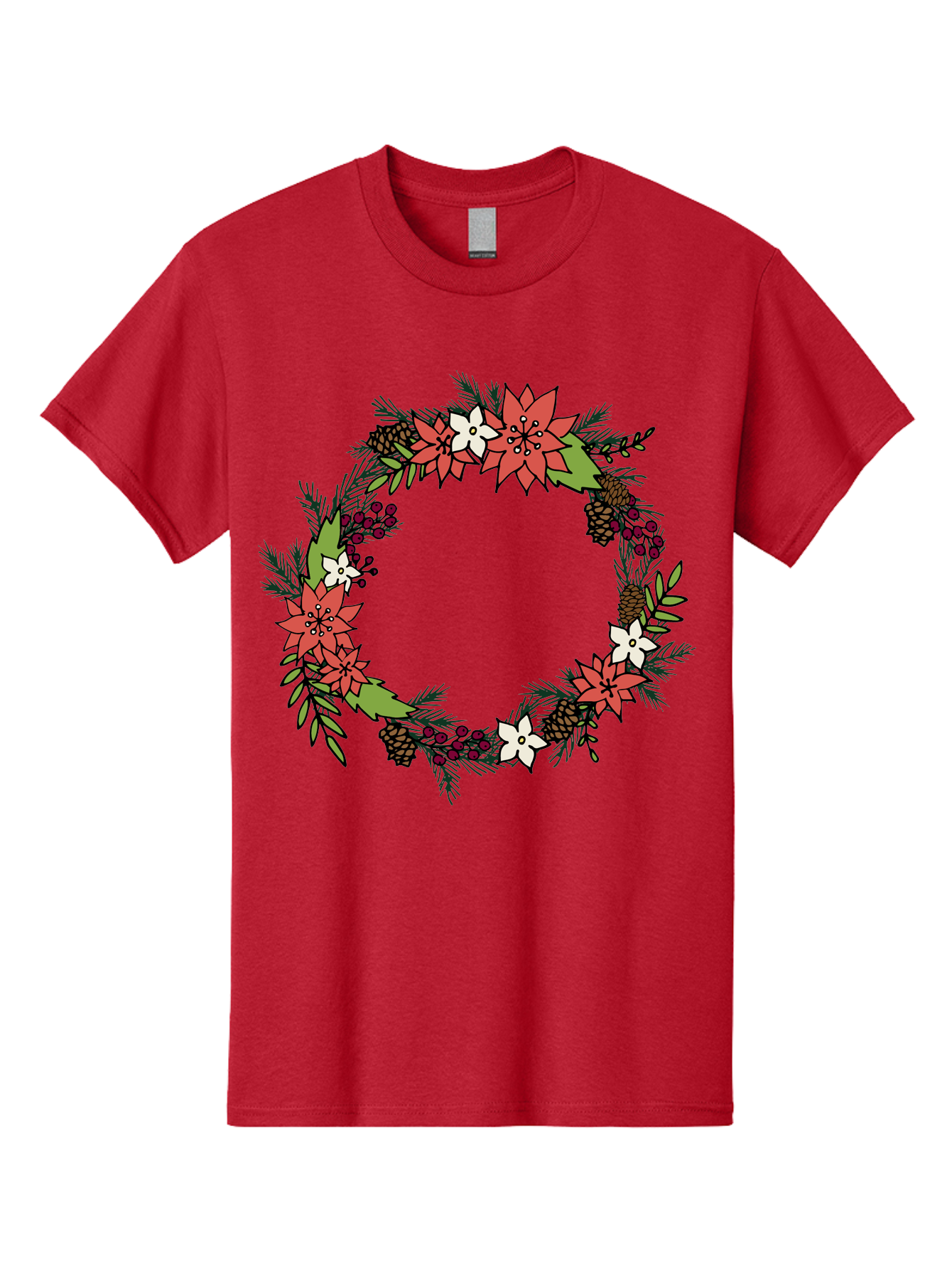 Christmas-Wreath Men'S Graphic Tee, 100% Cotton, Comfortable Casual Summer Wear, Machine Washable, Christmas Wreath, Holiday Decor, Festive Flowers, Red And White Blooms, Pinecones, Evergreen Branches, Seasonal Decoration, - Aaa831 5