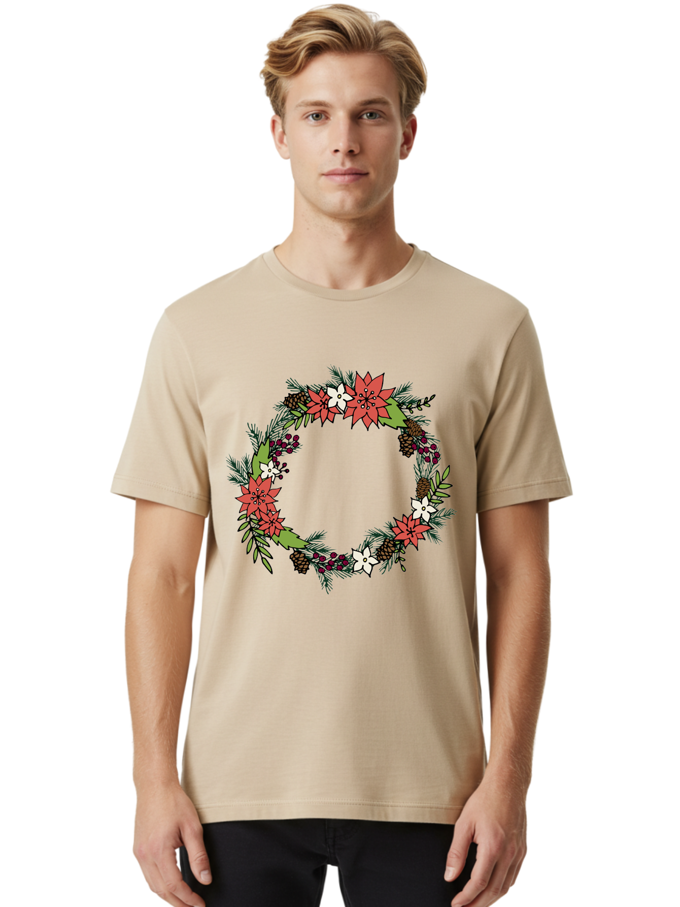 Christmas-Wreath Men'S Graphic Tee, 100% Cotton, Comfortable Casual Summer Wear, Machine Washable, Christmas Wreath, Holiday Decor, Festive Flowers, Red And White Blooms, Pinecones, Evergreen Branches, Seasonal Decoration, - Aaa831 12