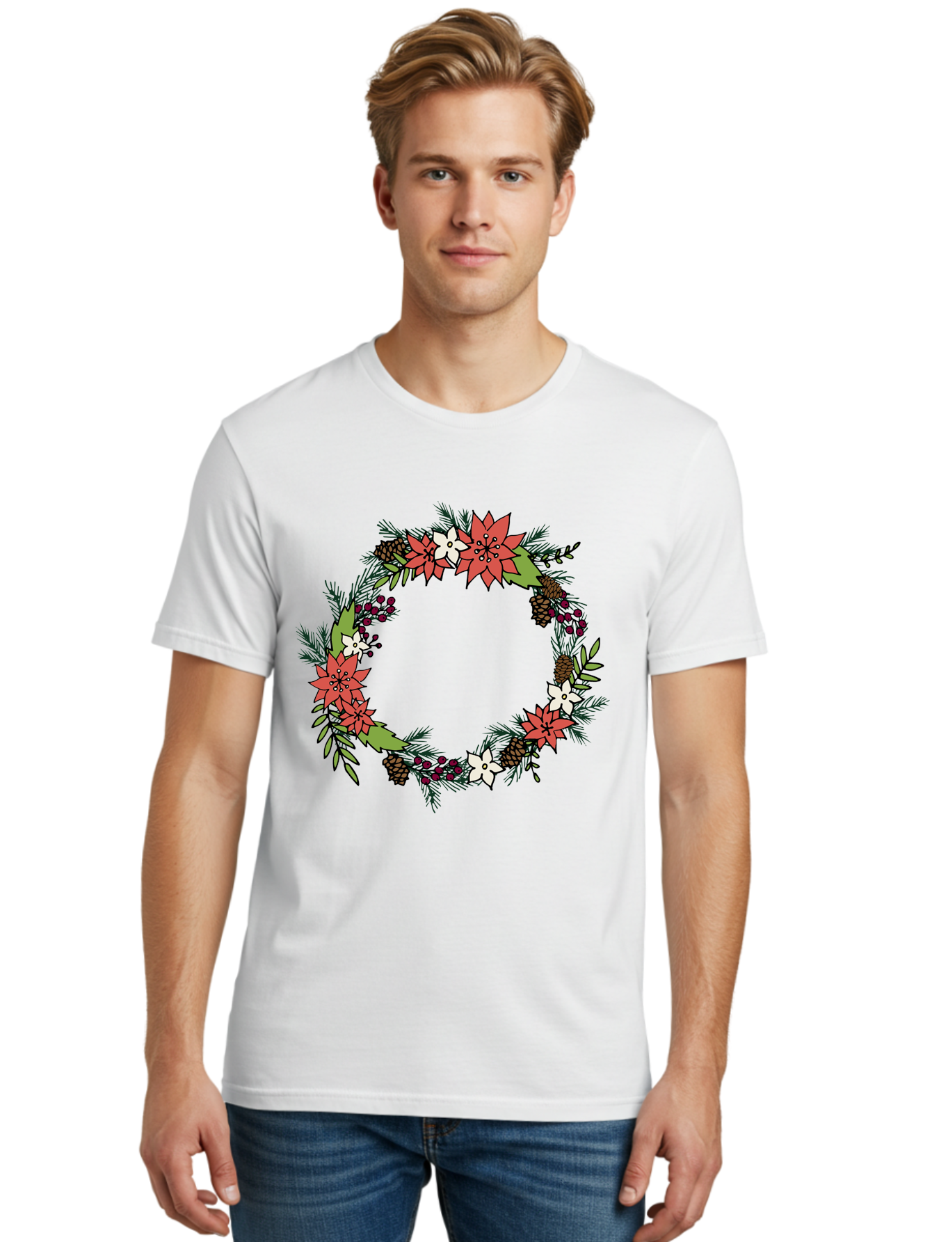 Christmas-Wreath Men'S Graphic Tee, 100% Cotton, Comfortable Casual Summer Wear, Machine Washable, Christmas Wreath, Holiday Decor, Festive Flowers, Red And White Blooms, Pinecones, Evergreen Branches, Seasonal Decoration, - Aaa831 18