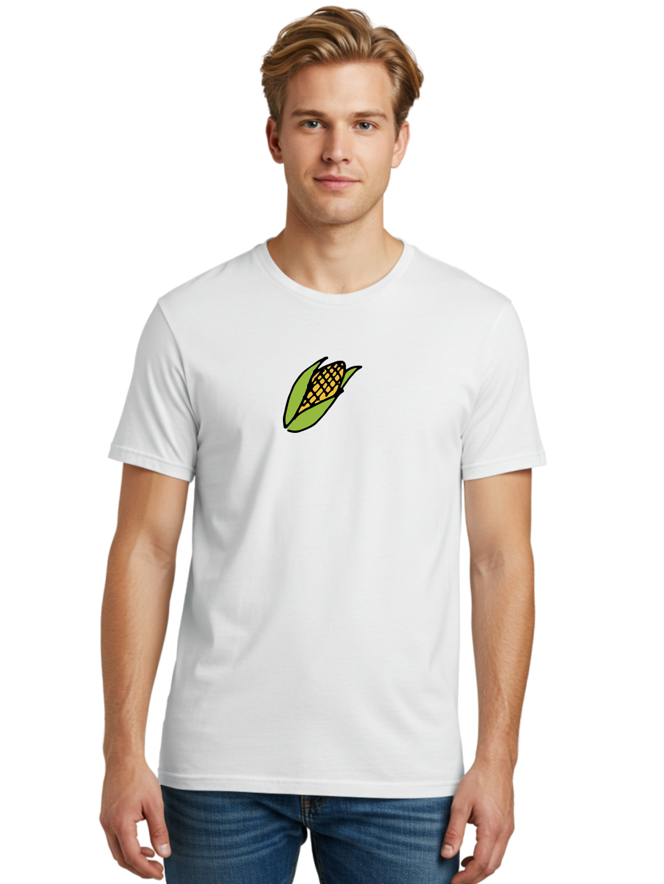 Corn-On-Cob Men'S Graphic Tee, 100% Cotton, Comfortable Casual Summer Wear, Machine Washable, Ear Of Corn, Yellow Kernels, Green Husk, Black Outline, Cartoon Style, Illustration, Vegetable, Food, Agriculture, Harvest - Aaa841 30