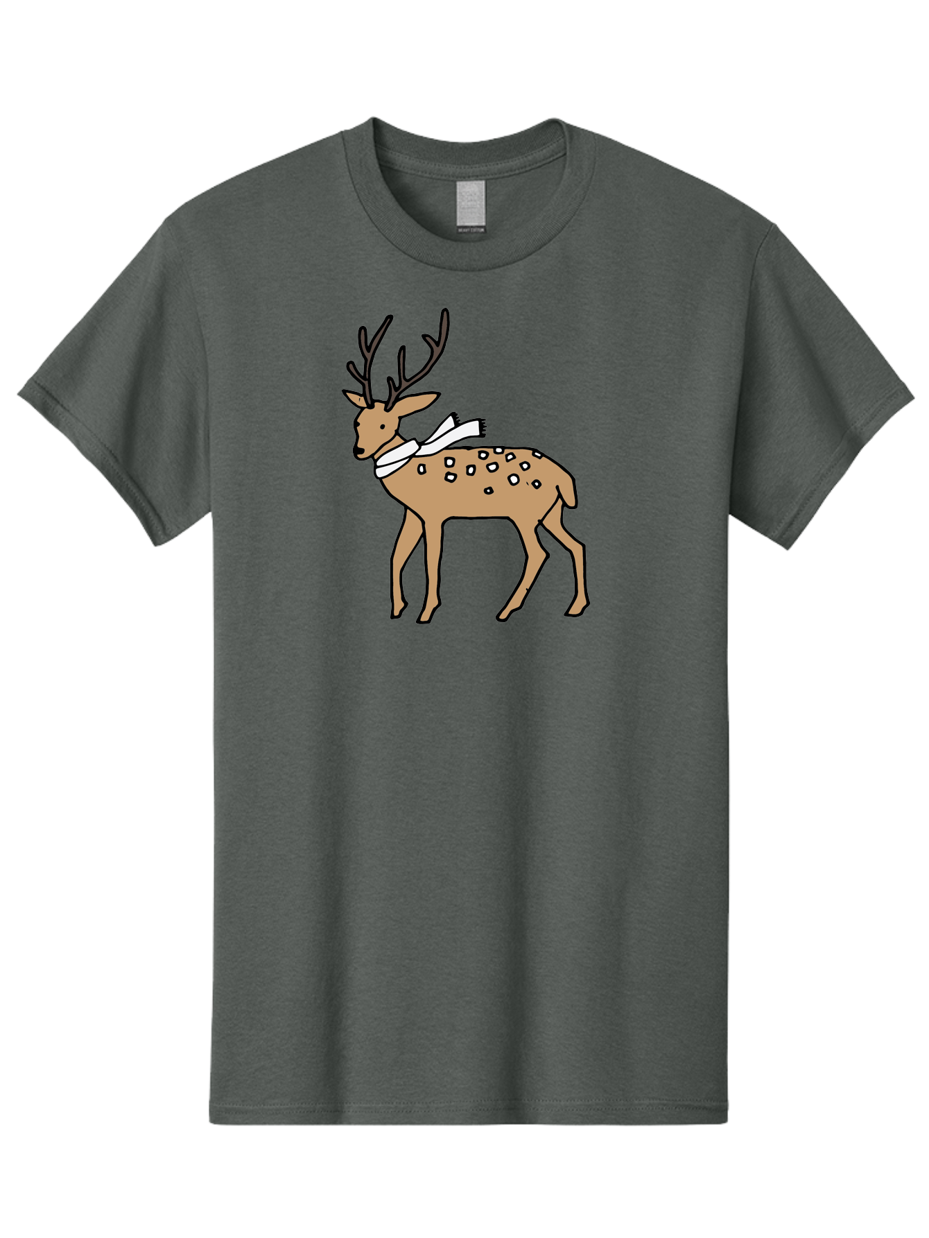 Deer-With-Scarf Men'S Graphic Tee, 100% Cotton, Comfortable Casual Summer Wear, Machine Washable, Cartoon Deer, Brown Deer, White Scarf, Black Spots, Festive Animal, Winter Illustration, Holiday Character, Deer Illustration, Scarf Wrapped, - Aaa853 3