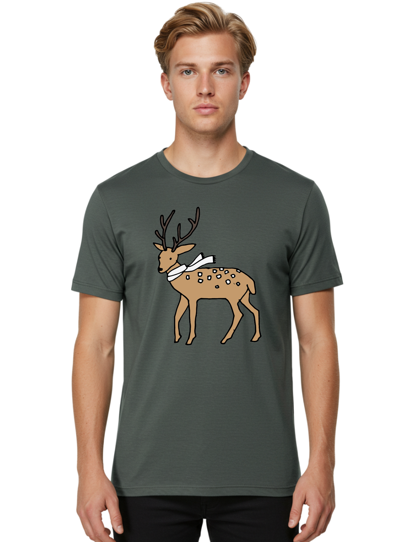 Deer-With-Scarf Men'S Graphic Tee, 100% Cotton, Comfortable Casual Summer Wear, Machine Washable, Cartoon Deer, Brown Deer, White Scarf, Black Spots, Festive Animal, Winter Illustration, Holiday Character, Deer Illustration, Scarf Wrapped, - Aaa853 4