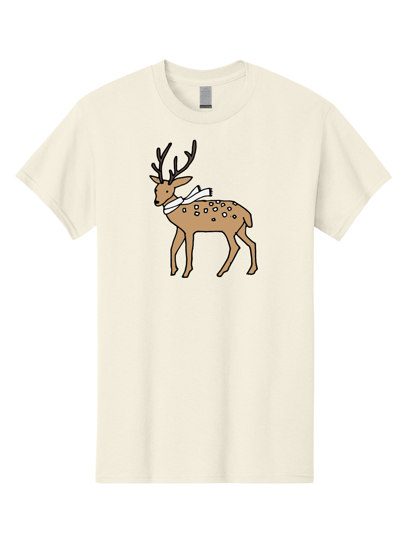 Deer-With-Scarf Men'S Graphic Tee, 100% Cotton, Comfortable Casual Summer Wear, Machine Washable, Cartoon Deer, Brown Deer, White Scarf, Black Spots, Festive Animal, Winter Illustration, Holiday Character, Deer Illustration, Scarf Wrapped, - Aaa853 17