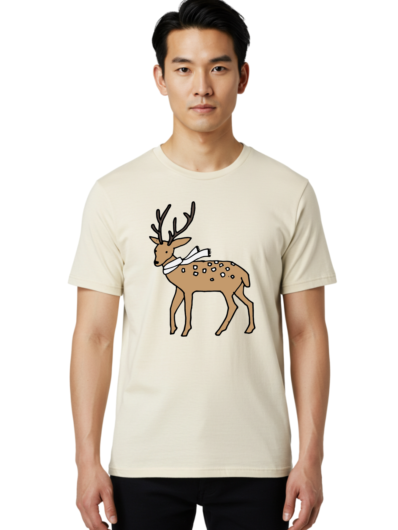 Deer-With-Scarf Men'S Graphic Tee, 100% Cotton, Comfortable Casual Summer Wear, Machine Washable, Cartoon Deer, Brown Deer, White Scarf, Black Spots, Festive Animal, Winter Illustration, Holiday Character, Deer Illustration, Scarf Wrapped, - Aaa853 18