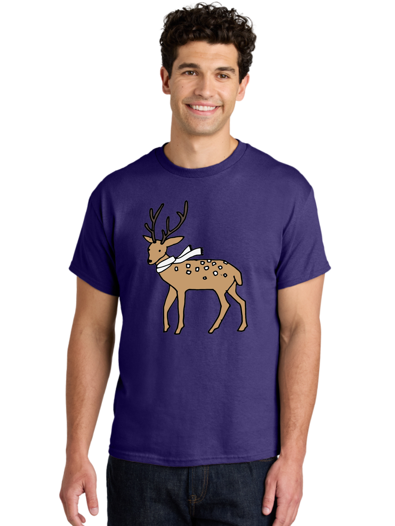 Deer-With-Scarf Men'S Graphic Tee, 100% Cotton, Comfortable Casual Summer Wear, Machine Washable, Cartoon Deer, Brown Deer, White Scarf, Black Spots, Festive Animal, Winter Illustration, Holiday Character, Deer Illustration, Scarf Wrapped, - Aaa853 22