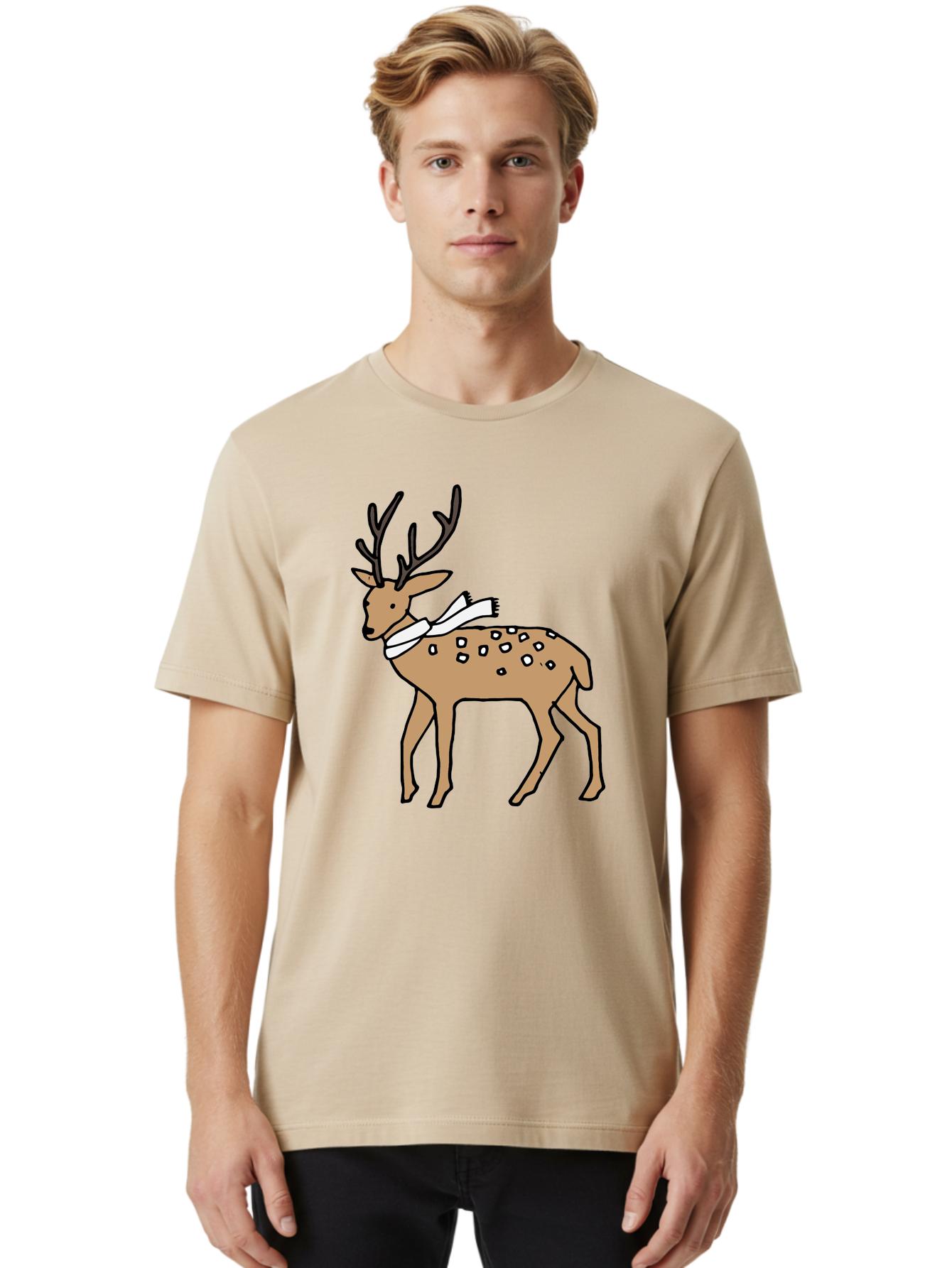 Deer-With-Scarf Men'S Graphic Tee, 100% Cotton, Comfortable Casual Summer Wear, Machine Washable, Cartoon Deer, Brown Deer, White Scarf, Black Spots, Festive Animal, Winter Illustration, Holiday Character, Deer Illustration, Scarf Wrapped, - Aaa853 28