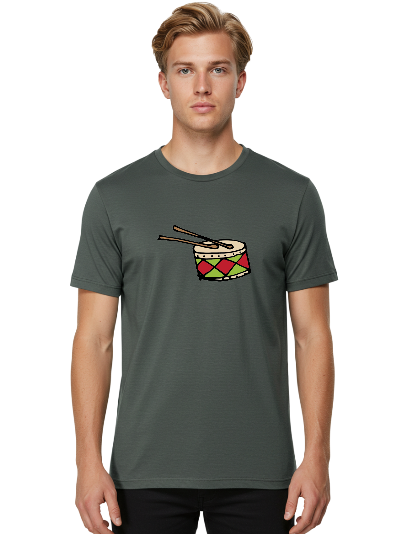 Drum-With-Drumsticks Men'S Graphic Tee, 100% Cotton, Comfortable Casual Summer Wear, Machine Washable, Drum With Drumsticks, Percussion Instrument, Music, Rhythm, Red And Green Design, Drumming, Musical Instrument - Aaa865 4