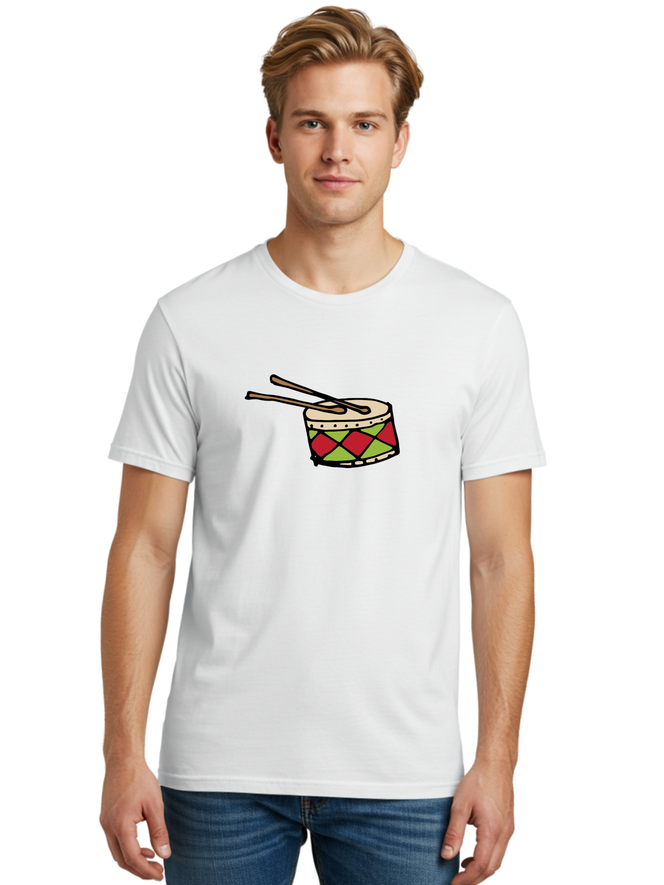Drum-With-Drumsticks Men'S Graphic Tee, 100% Cotton, Comfortable Casual Summer Wear, Machine Washable, Drum With Drumsticks, Percussion Instrument, Music, Rhythm, Red And Green Design, Drumming, Musical Instrument - Aaa865 30
