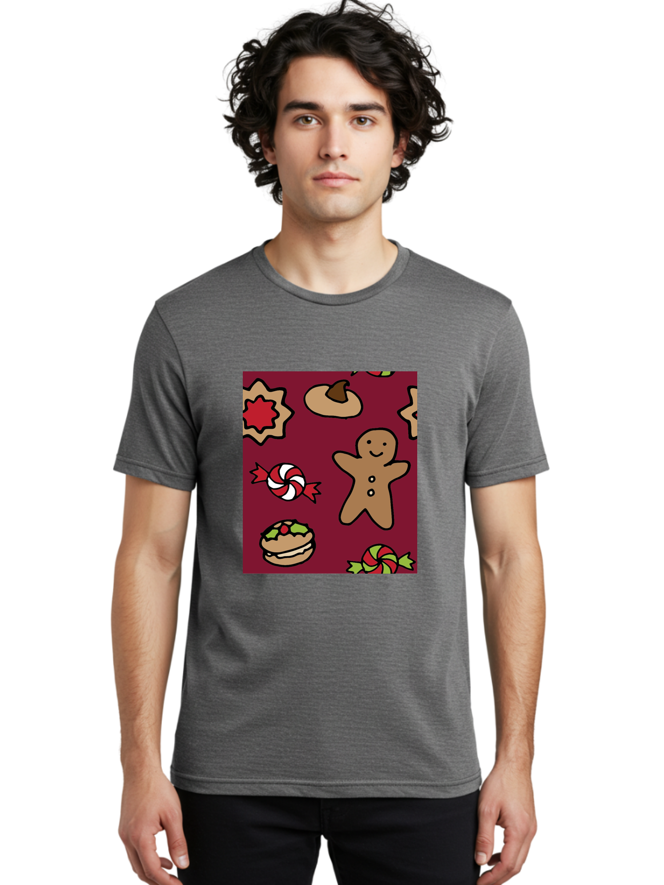 Gingerbread-Man Men'S Graphic Tee, 100% Cotton, Comfortable Casual Summer Wear, Machine Washable, Gingerbread Man, Christmas Sweets, Candies, Cookies, Festive Treats, Holiday Delights, Red And White Swirls, Christmas Cookies, - Aaa903 6