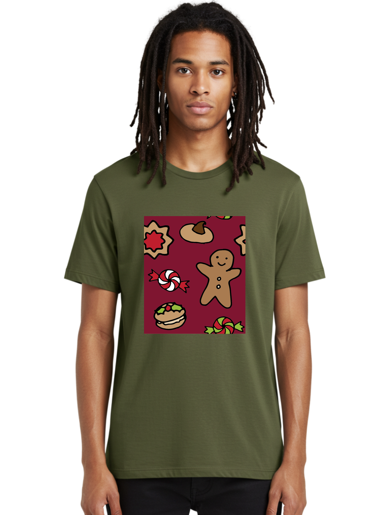 Gingerbread-Man Men'S Graphic Tee, 100% Cotton, Comfortable Casual Summer Wear, Machine Washable, Gingerbread Man, Christmas Sweets, Candies, Cookies, Festive Treats, Holiday Delights, Red And White Swirls, Christmas Cookies, - Aaa903 18