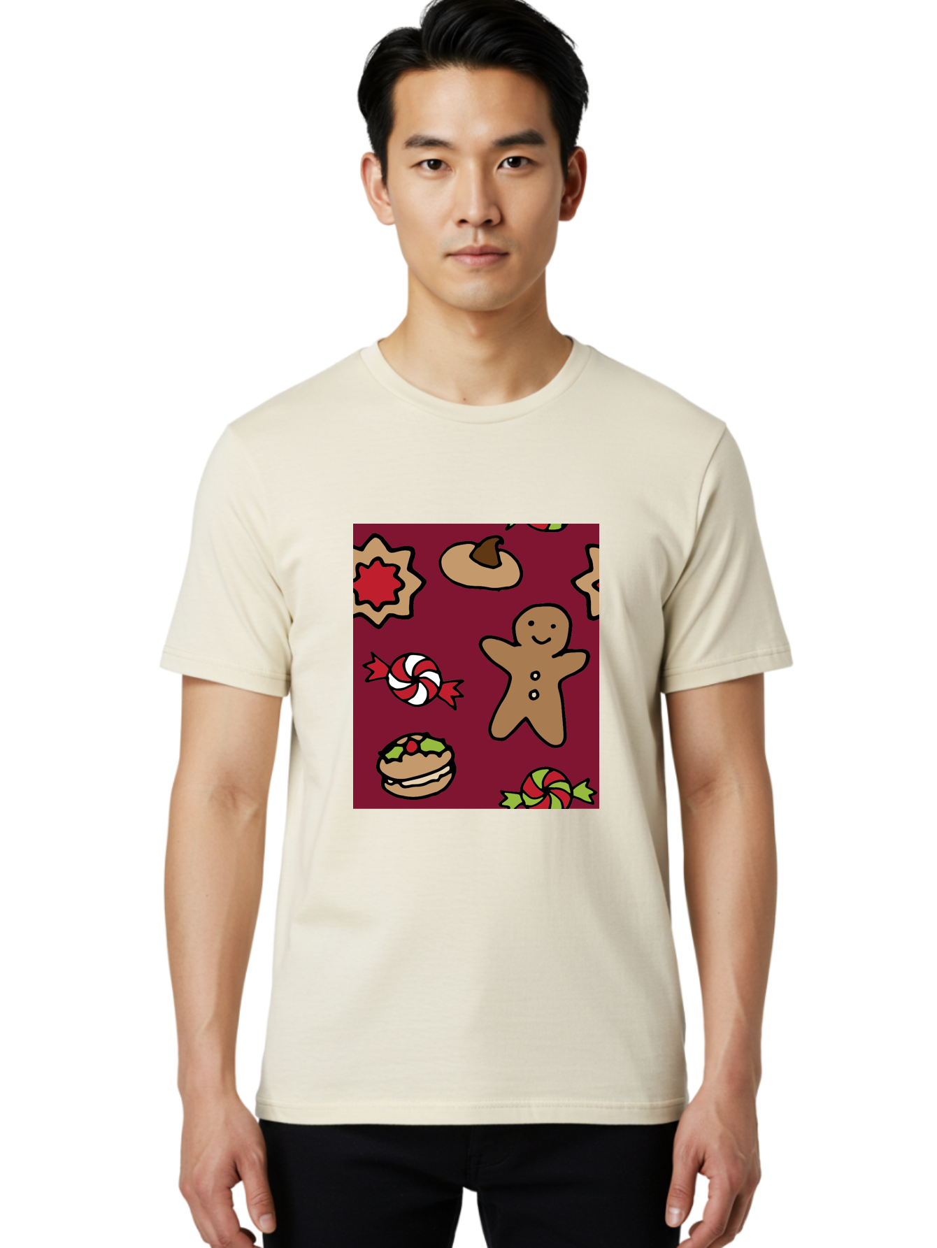 Gingerbread-Man Men'S Graphic Tee, 100% Cotton, Comfortable Casual Summer Wear, Machine Washable, Gingerbread Man, Christmas Sweets, Candies, Cookies, Festive Treats, Holiday Delights, Red And White Swirls, Christmas Cookies, - Aaa903 4