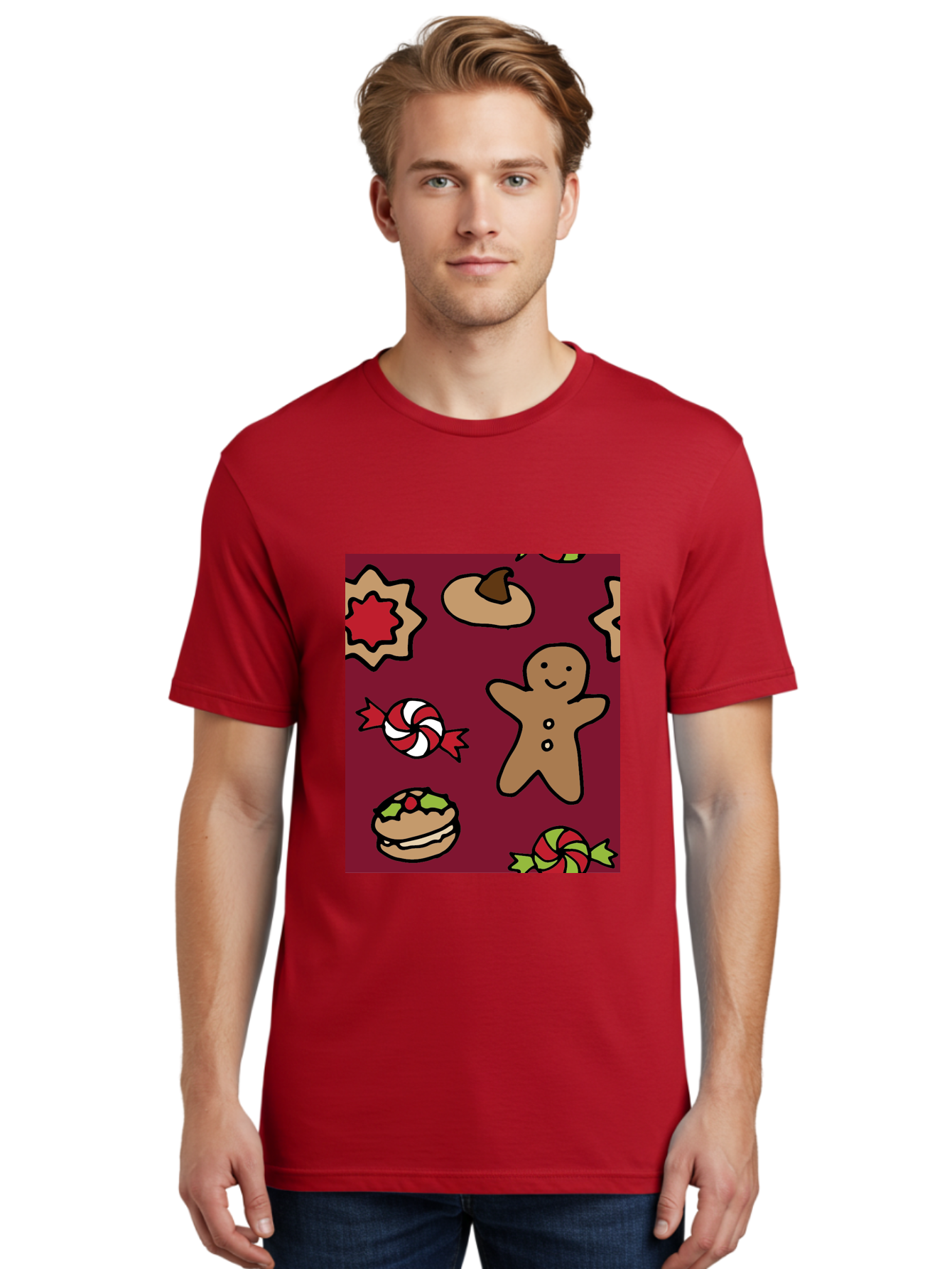 Gingerbread-Man Men'S Graphic Tee, 100% Cotton, Comfortable Casual Summer Wear, Machine Washable, Gingerbread Man, Christmas Sweets, Candies, Cookies, Festive Treats, Holiday Delights, Red And White Swirls, Christmas Cookies, - Aaa903 12